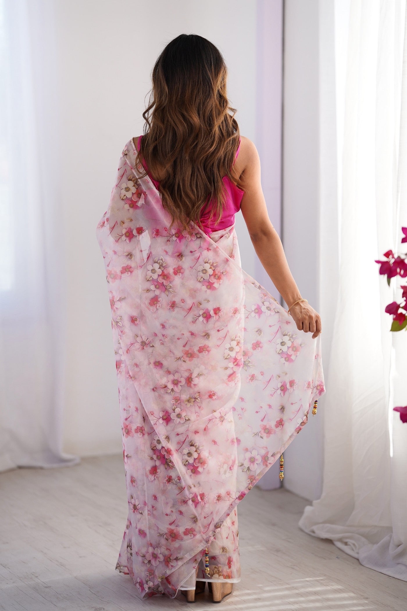 Buy MySilkLove Cherry Pink Organza Printed Saree Online