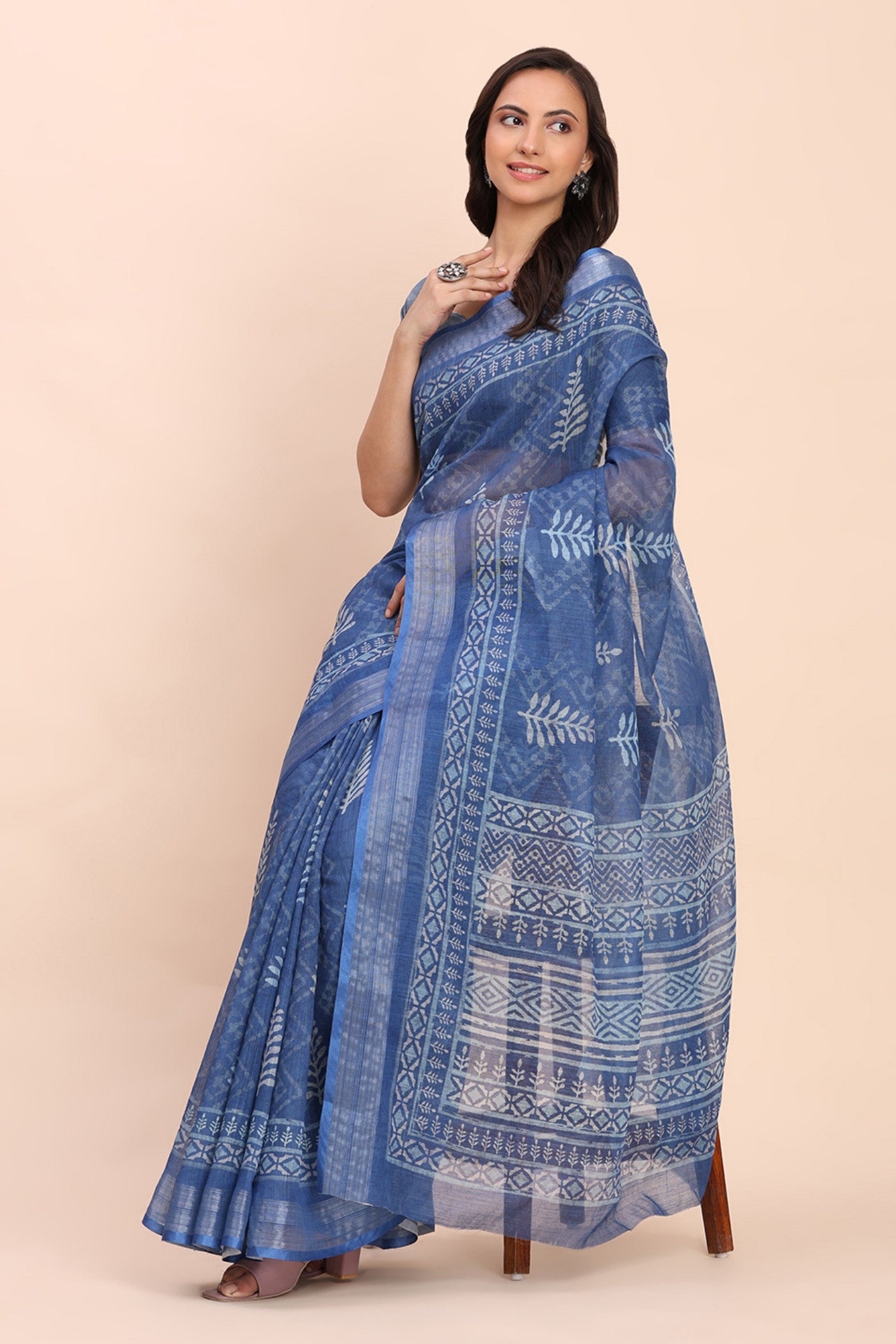 Buy MySilkLove Periwinkle Blue Woven Linen Cotton Saree Online