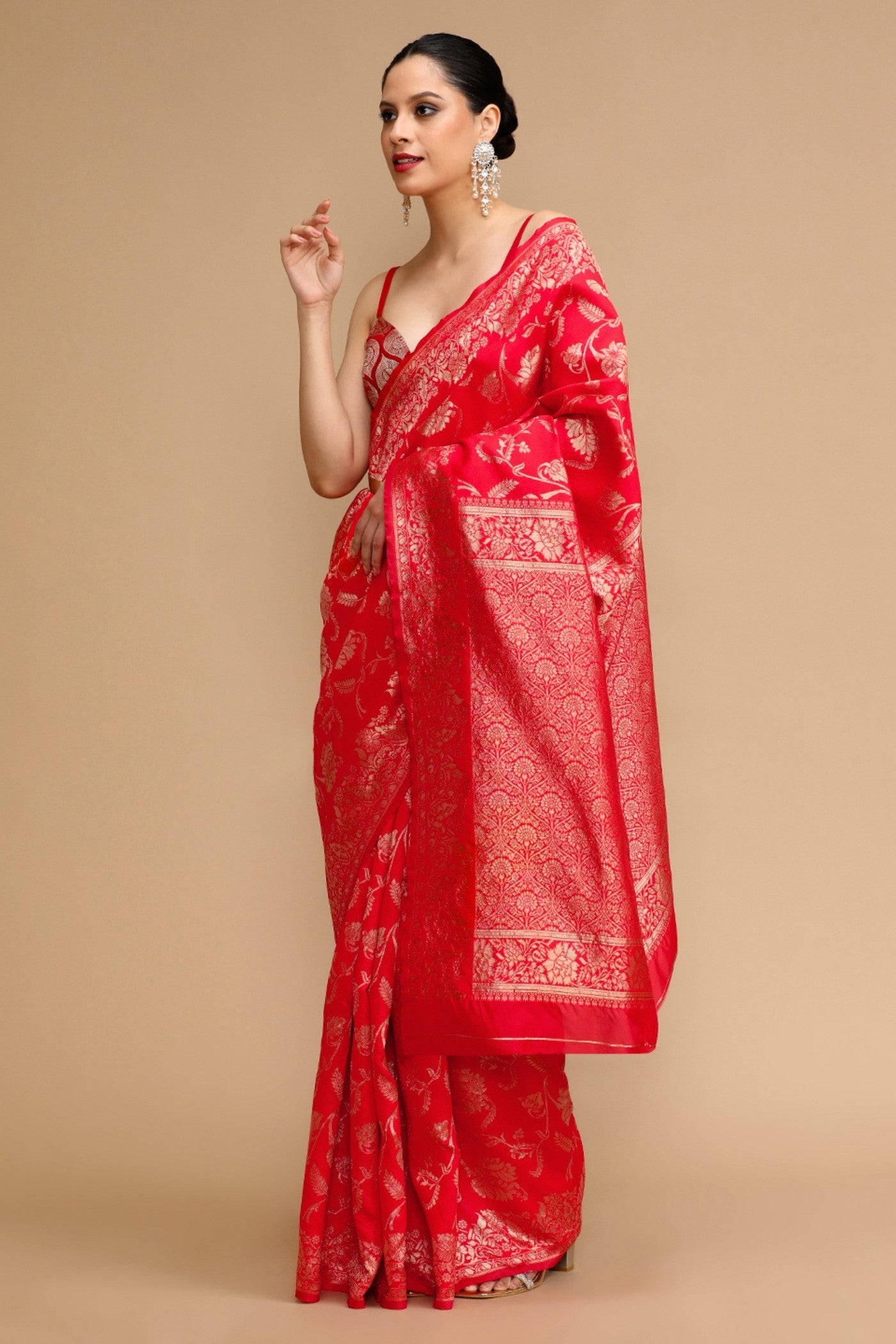 Buy MySilkLove Ruby Red Woven Jacquard Lichi Silk Saree Online