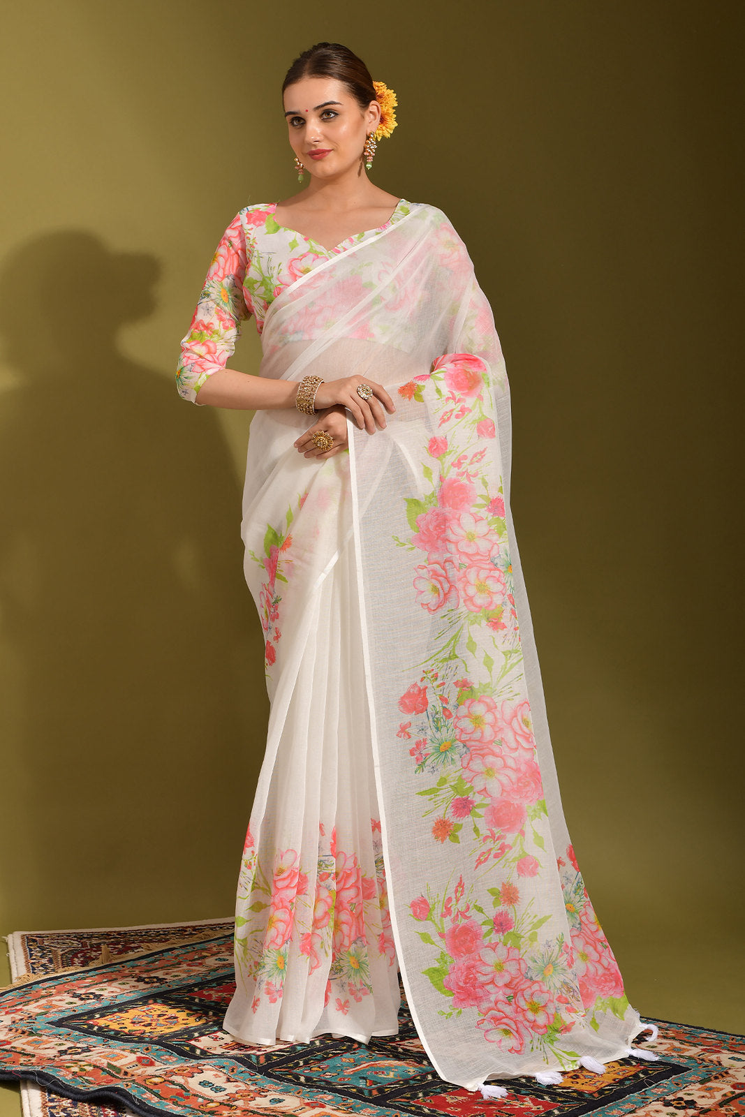 Buy MySilkLove Serenade White and Pink Digital Printed Linen Saree Online