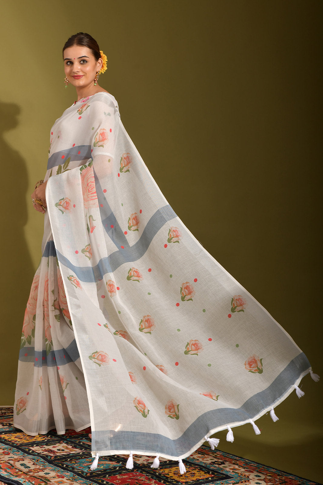 Buy MySilkLove Swirl White and Grey Digital Printed Linen Saree Online