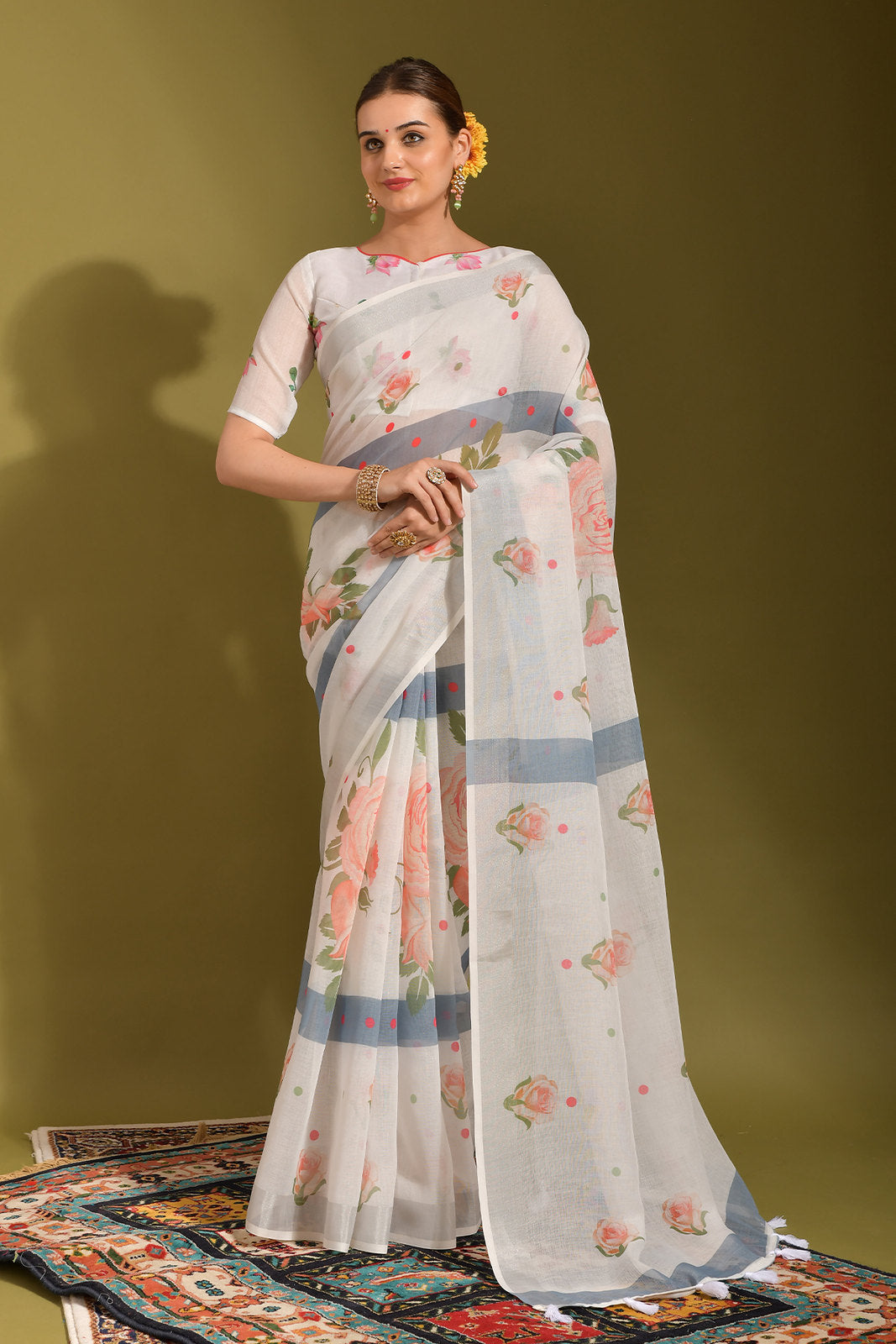 Buy MySilkLove Swirl White and Grey Digital Printed Linen Saree Online