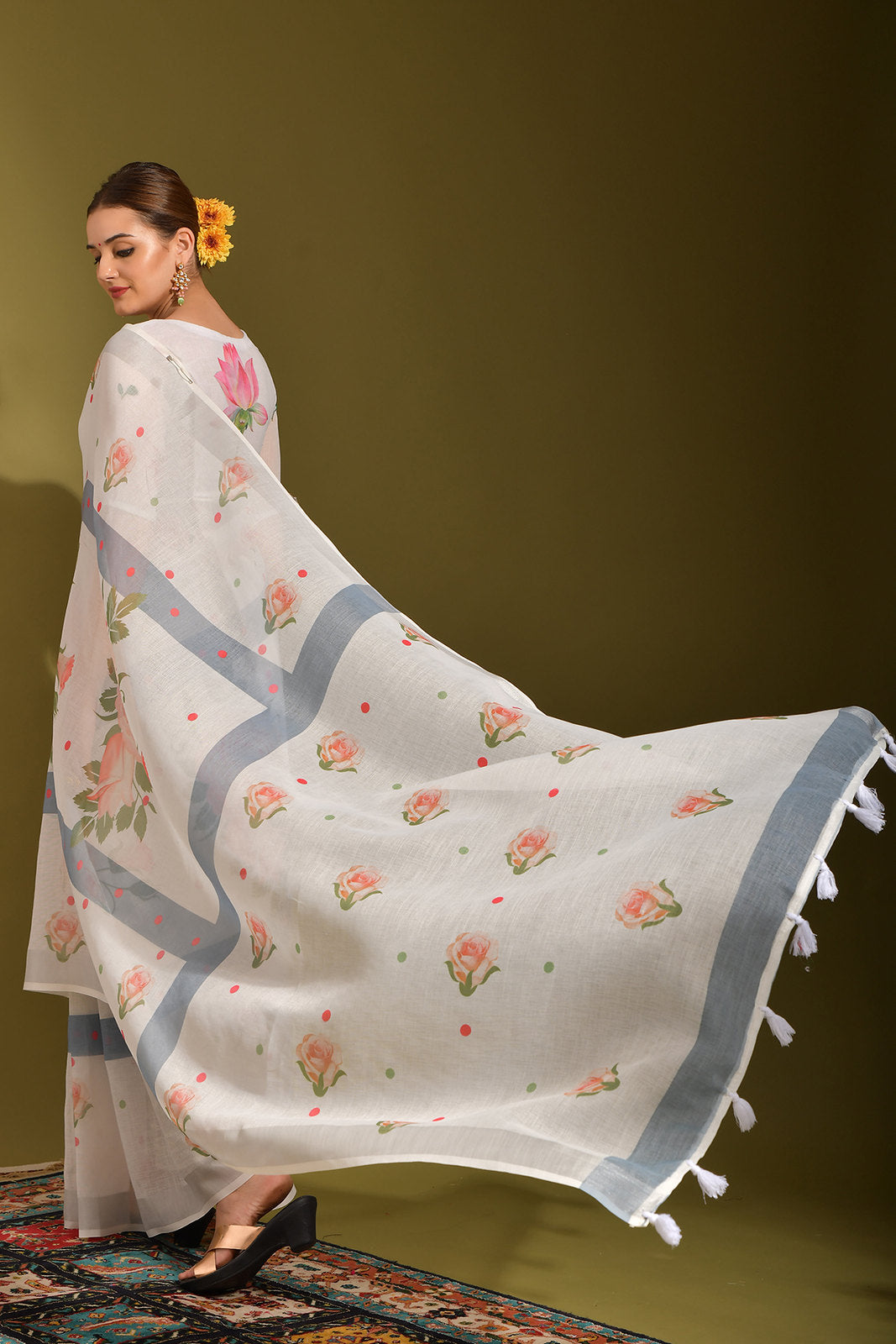 Buy MySilkLove Swirl White and Grey Digital Printed Linen Saree Online
