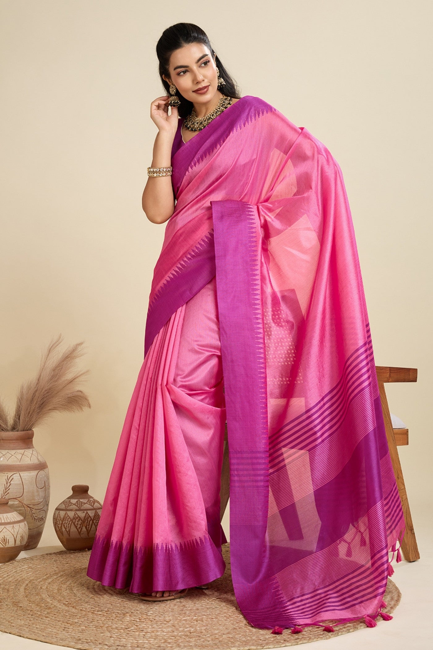 Buy MySilkLove Neon Pink Woven Raw Silk Saree Online