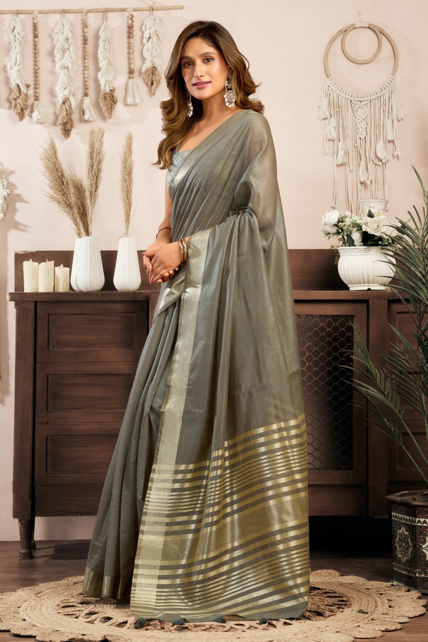 Buy MySilkLove Arsenic Grey Handloom Cotton Saree Online