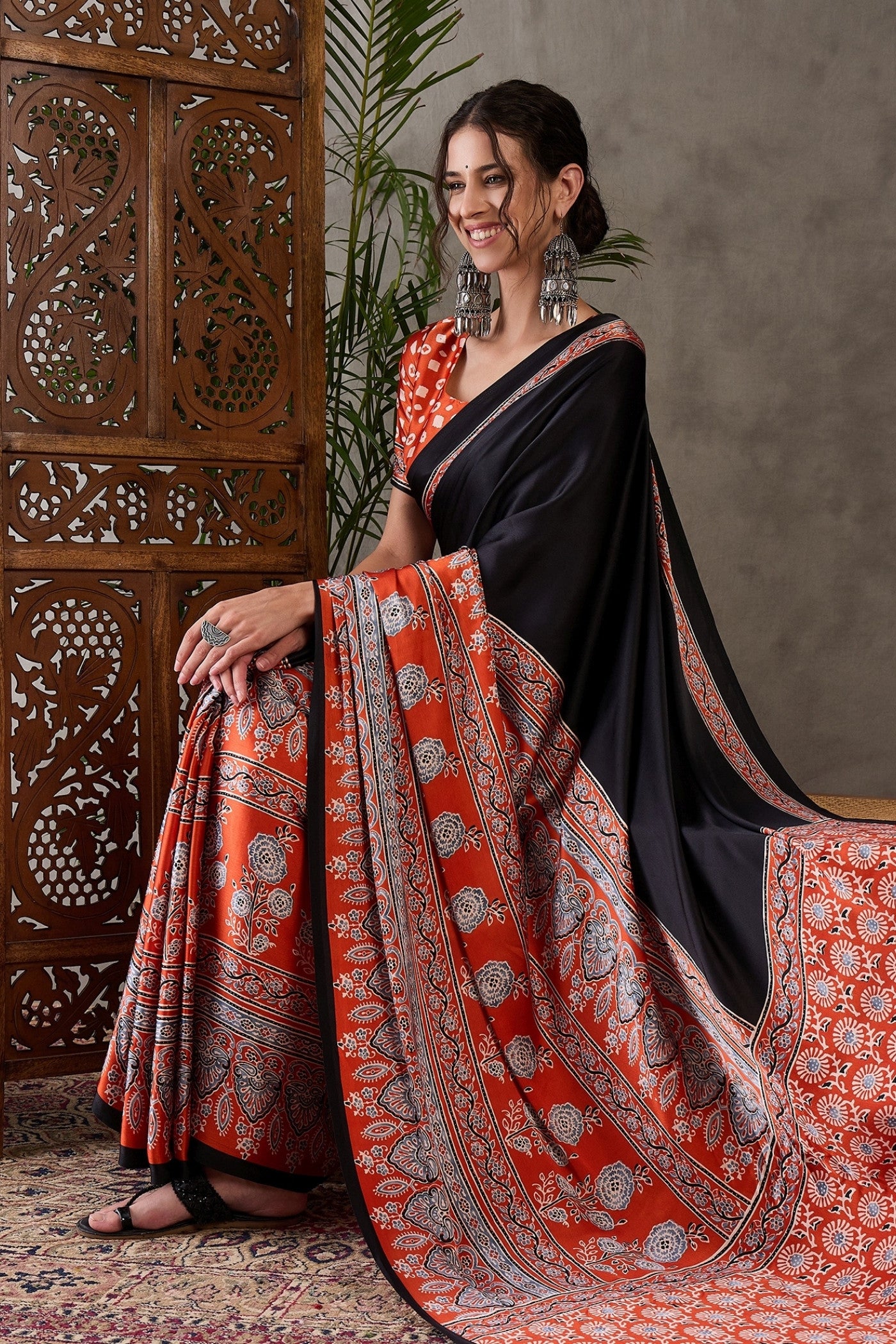 Buy MySilkLove Licorice Black Printed Satin Gaji Silk Saree Online