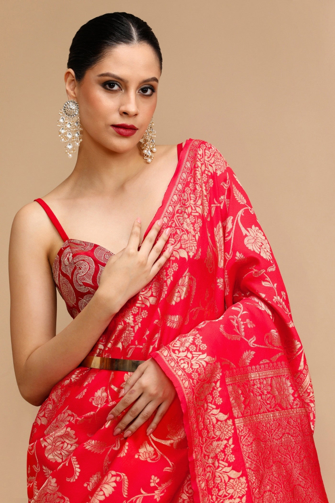 Buy MySilkLove Ruby Red Woven Jacquard Lichi Silk Saree Online