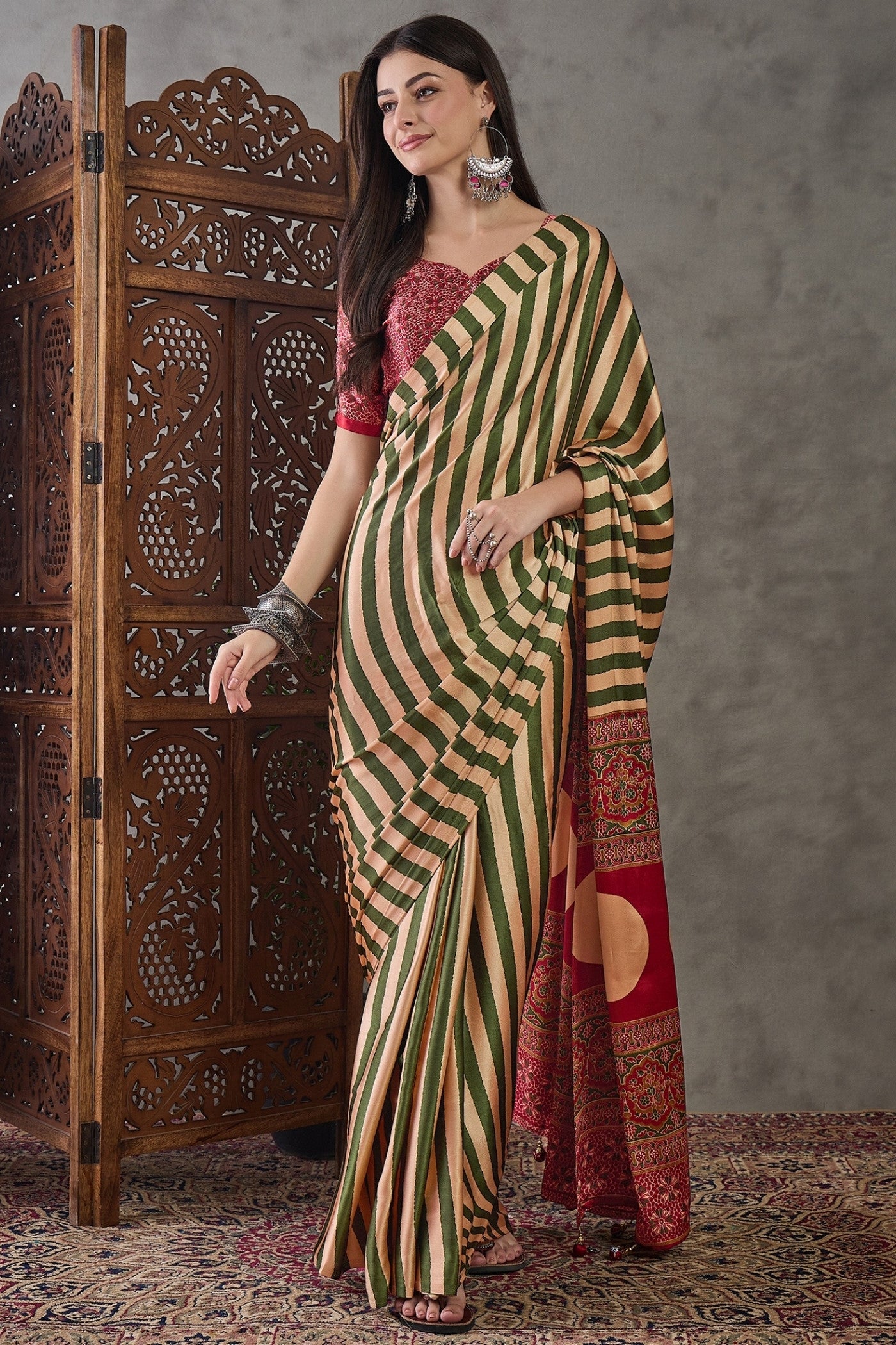 Buy MySilkLove Avocado Green Stripe Ajrakh Printed Satin Gaji Silk Saree Online