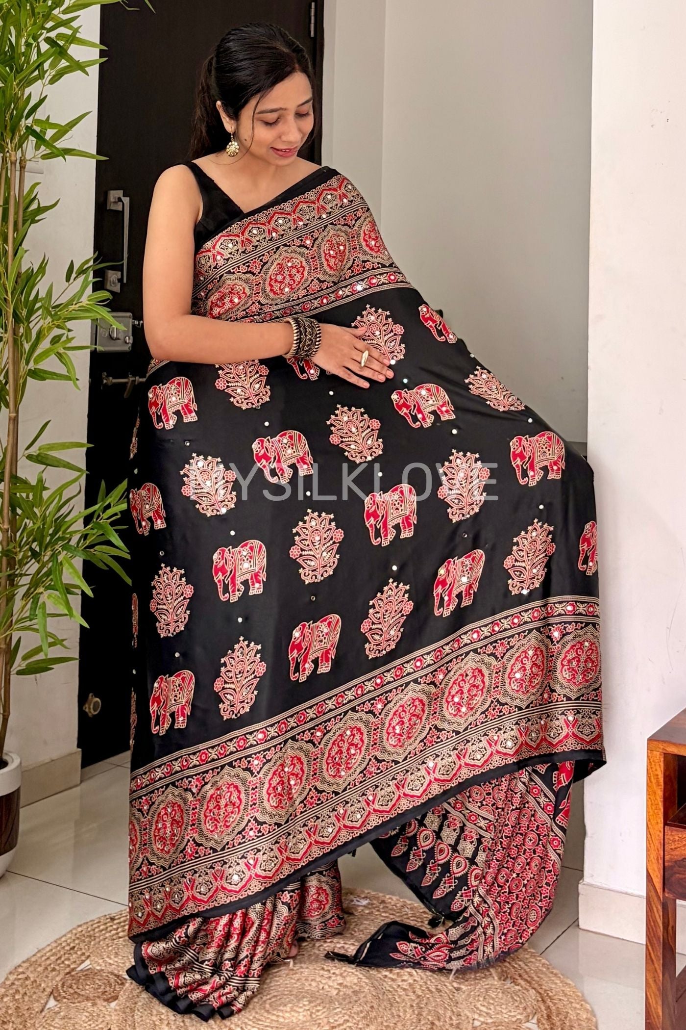 Buy MySilkLove Raven Black Ajrakh Satin Printed Mirror Work Saree Online