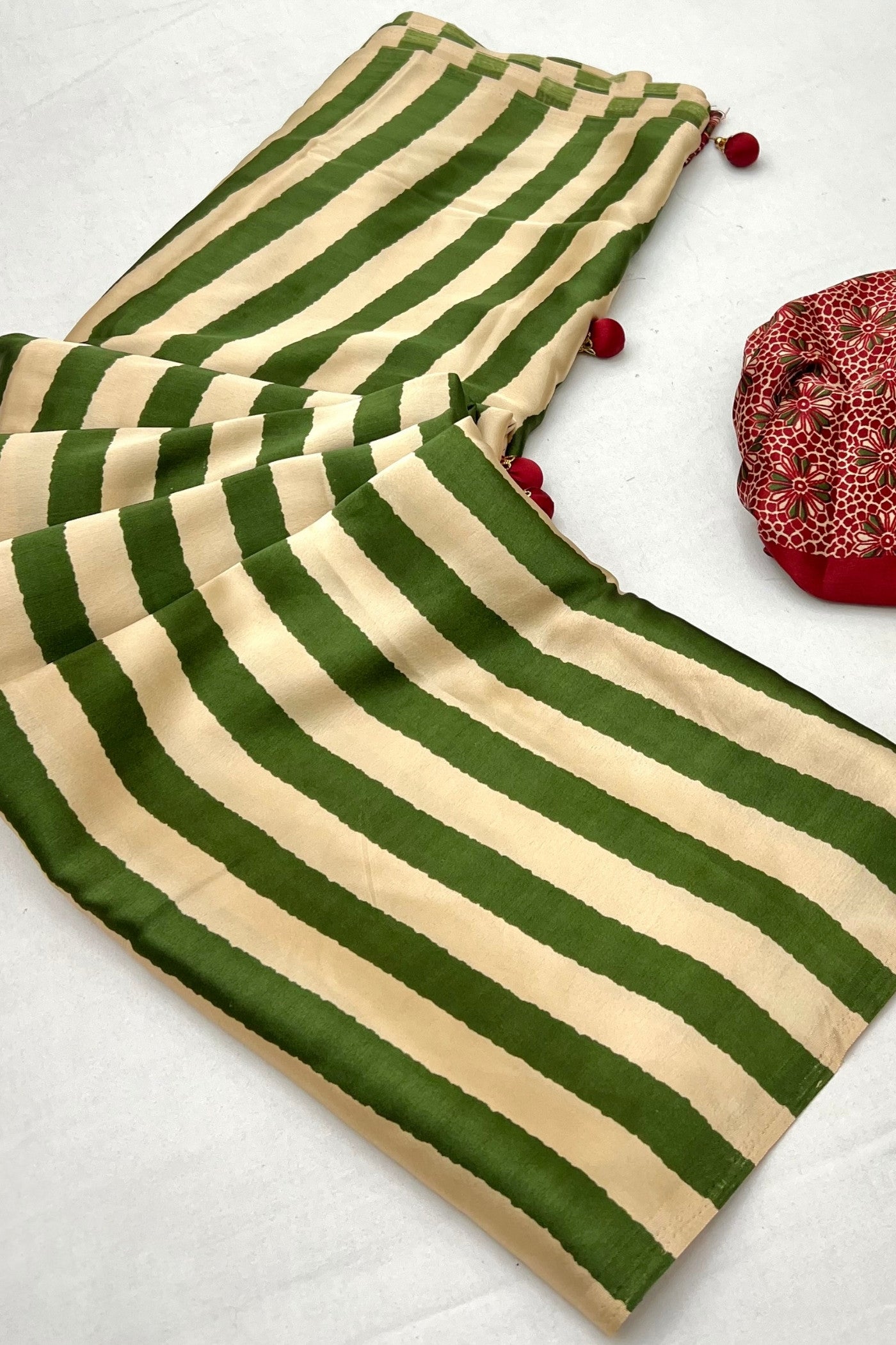 Buy MySilkLove Avocado Green Stripe Ajrakh Printed Satin Gaji Silk Saree Online