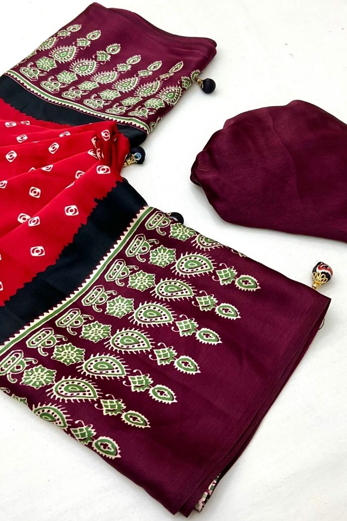 Buy MySilkLove Brick Red Ajrakh Printed Satin Gaji Silk Saree Online