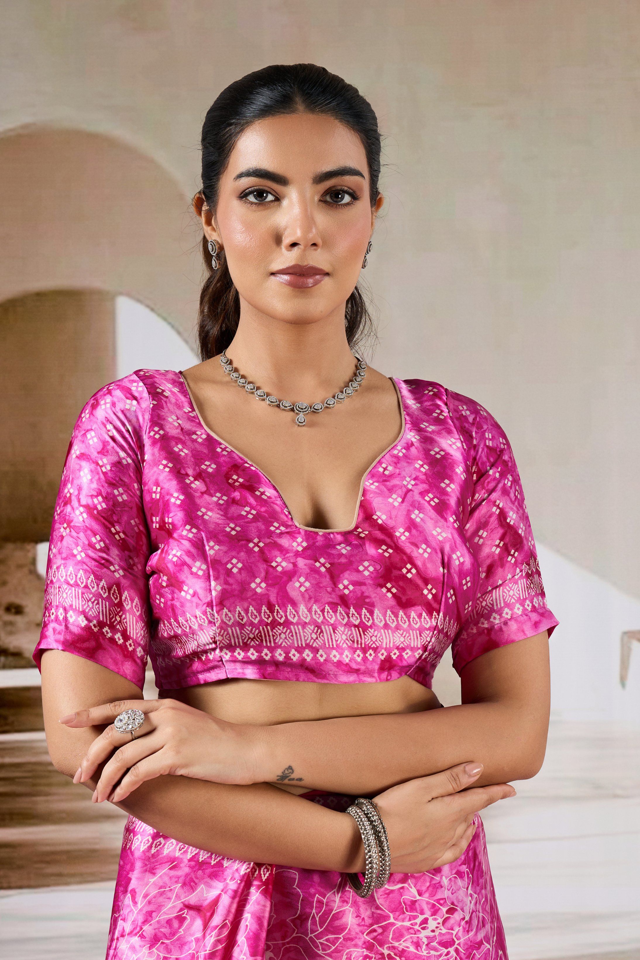 Buy MySilkLove Blossom Pink Modal Satin Hand Prism Print Saree Online