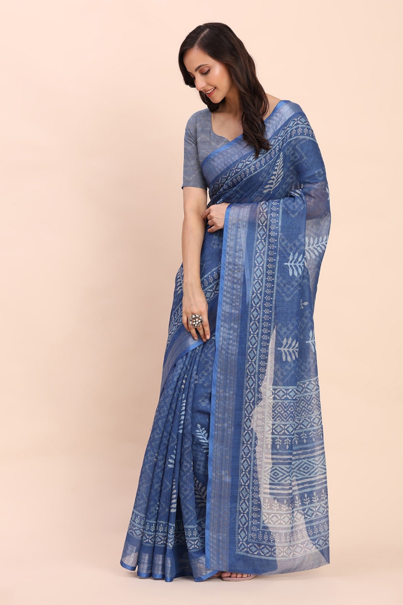 Buy MySilkLove Periwinkle Blue Woven Linen Cotton Saree Online