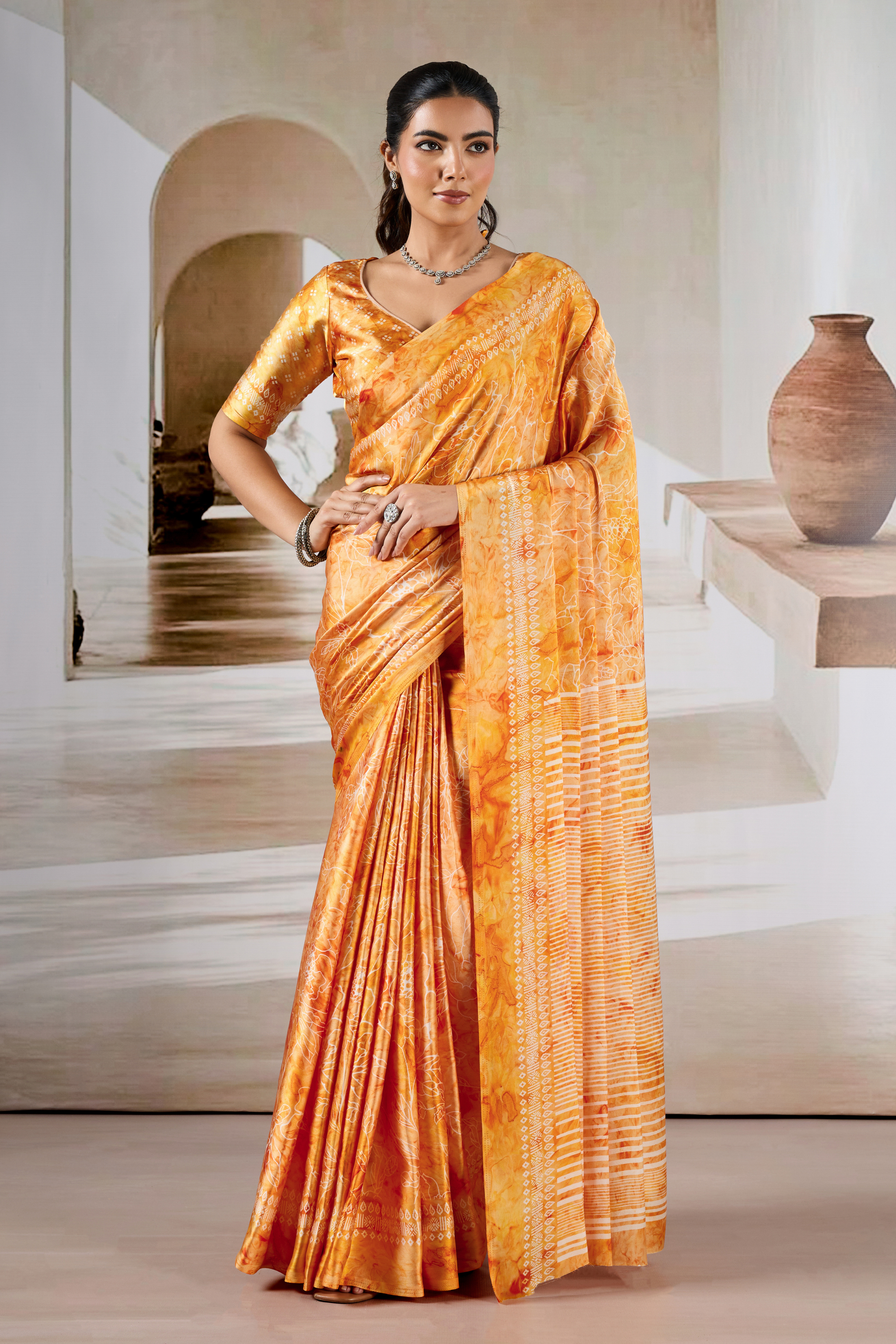 Buy Honey Yellow Modal Satin Print Saree | MySilkLove Online