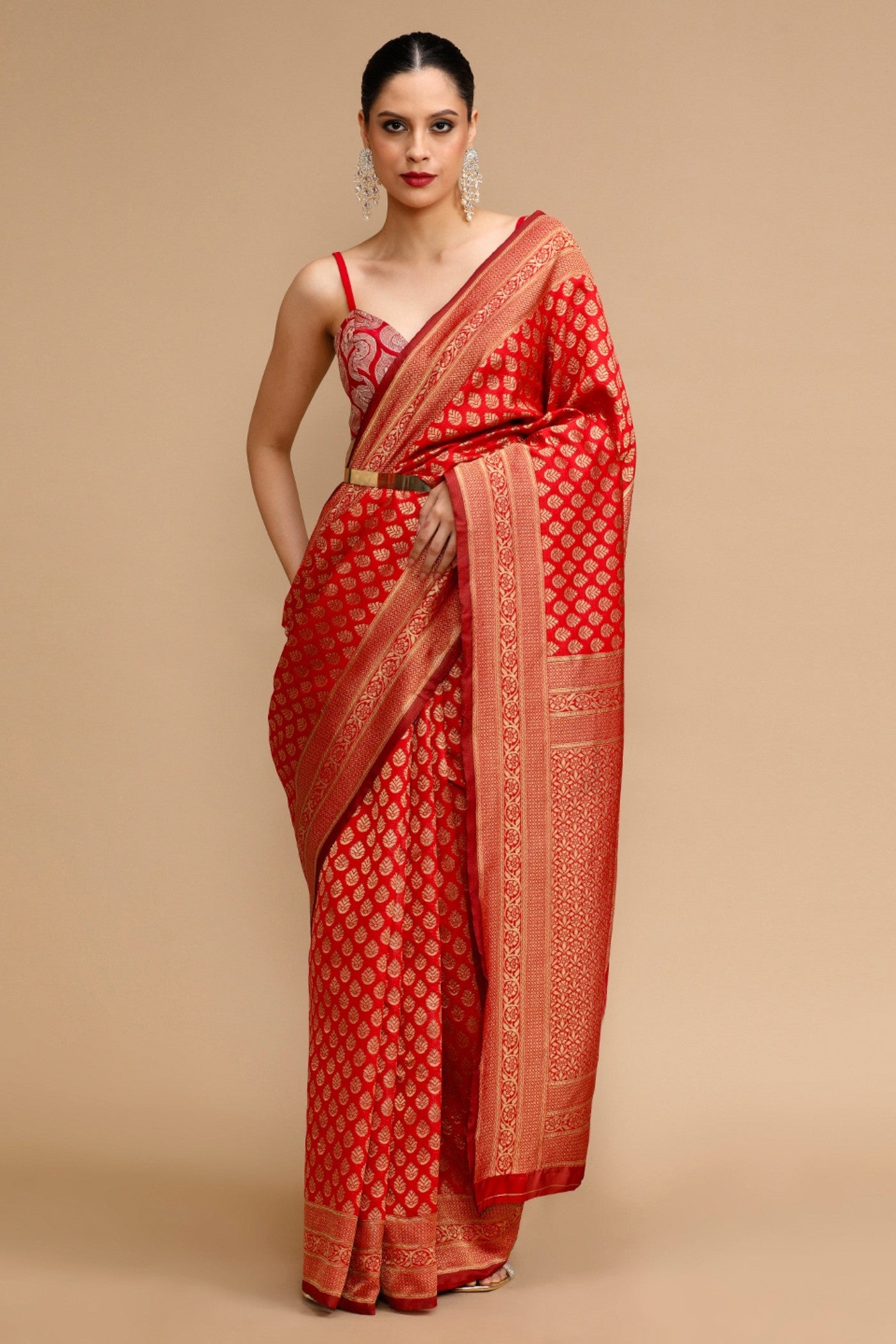 Buy MySilkLove Cherry Red Woven Jacquard Lichi Silk Saree Online