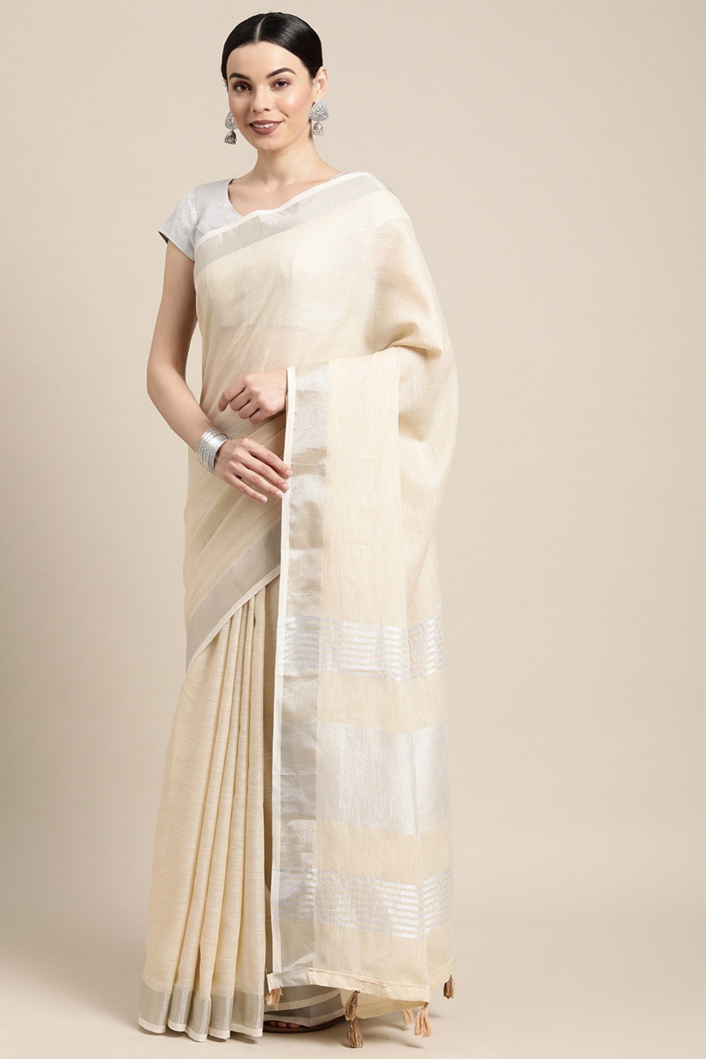Buy MySilkLove Flax Cream Woven Linen Cotton Saree Online