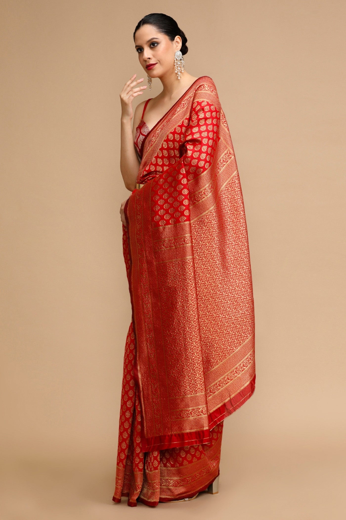 Buy MySilkLove Cherry Red Woven Jacquard Lichi Silk Saree Online