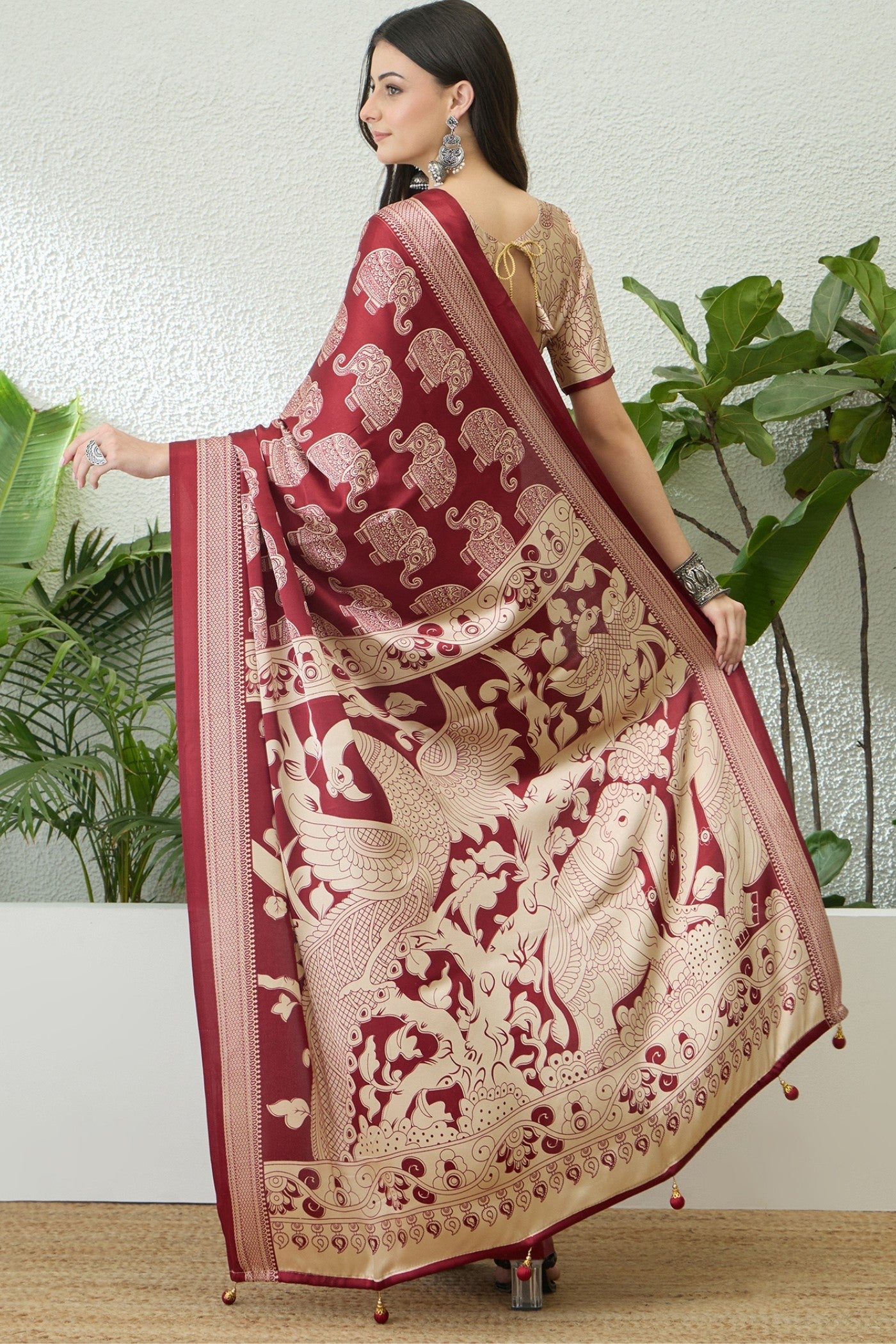 Buy MySilkLove Luxury Marron Ajrakh Printed Satin Crepe Silk Saree Online