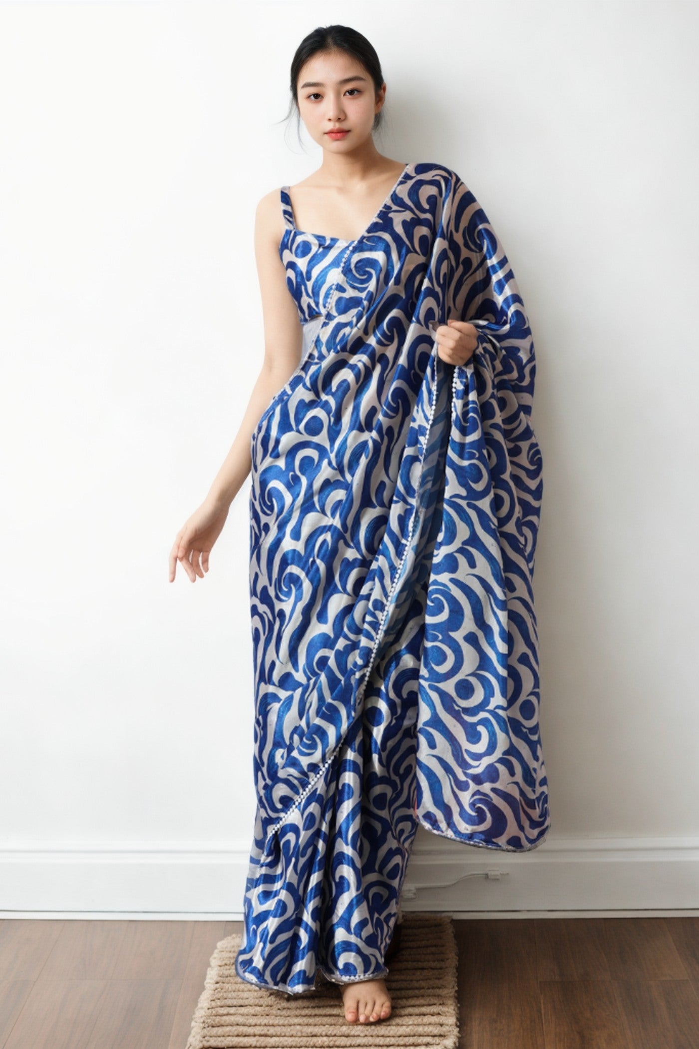 Buy MySilkLove Midnight Blue Chinon Digital Printed Ready To Wear Saree Online