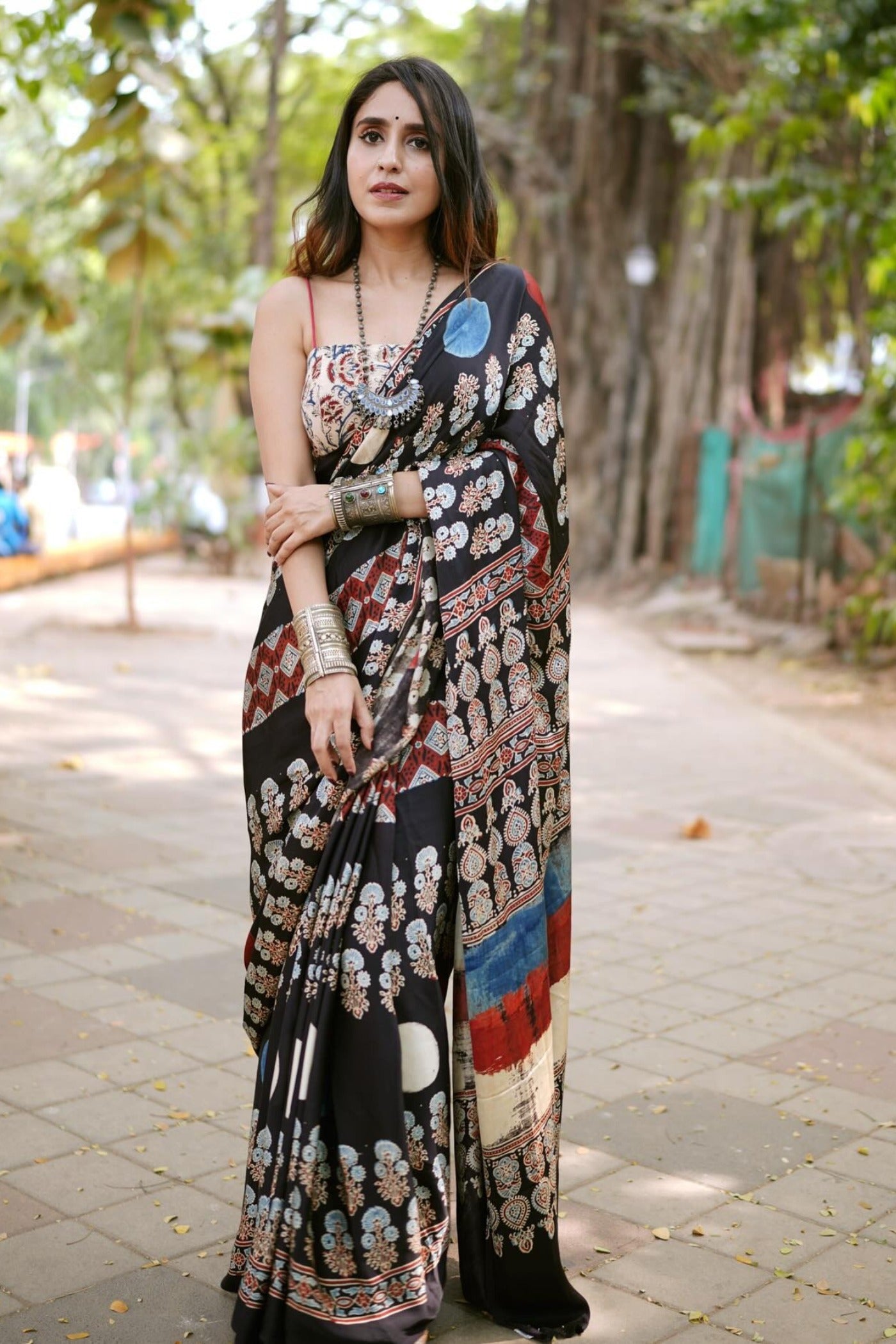 Buy MySilkLove Onyx Black Printed Polka Dots Satin Crepe Saree Online