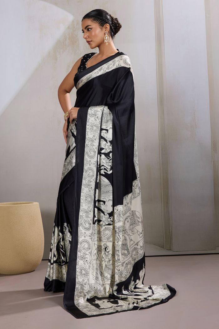 Buy MySilkLove Raven Black Modal Ajrakh Printed Satin Silk Saree Online