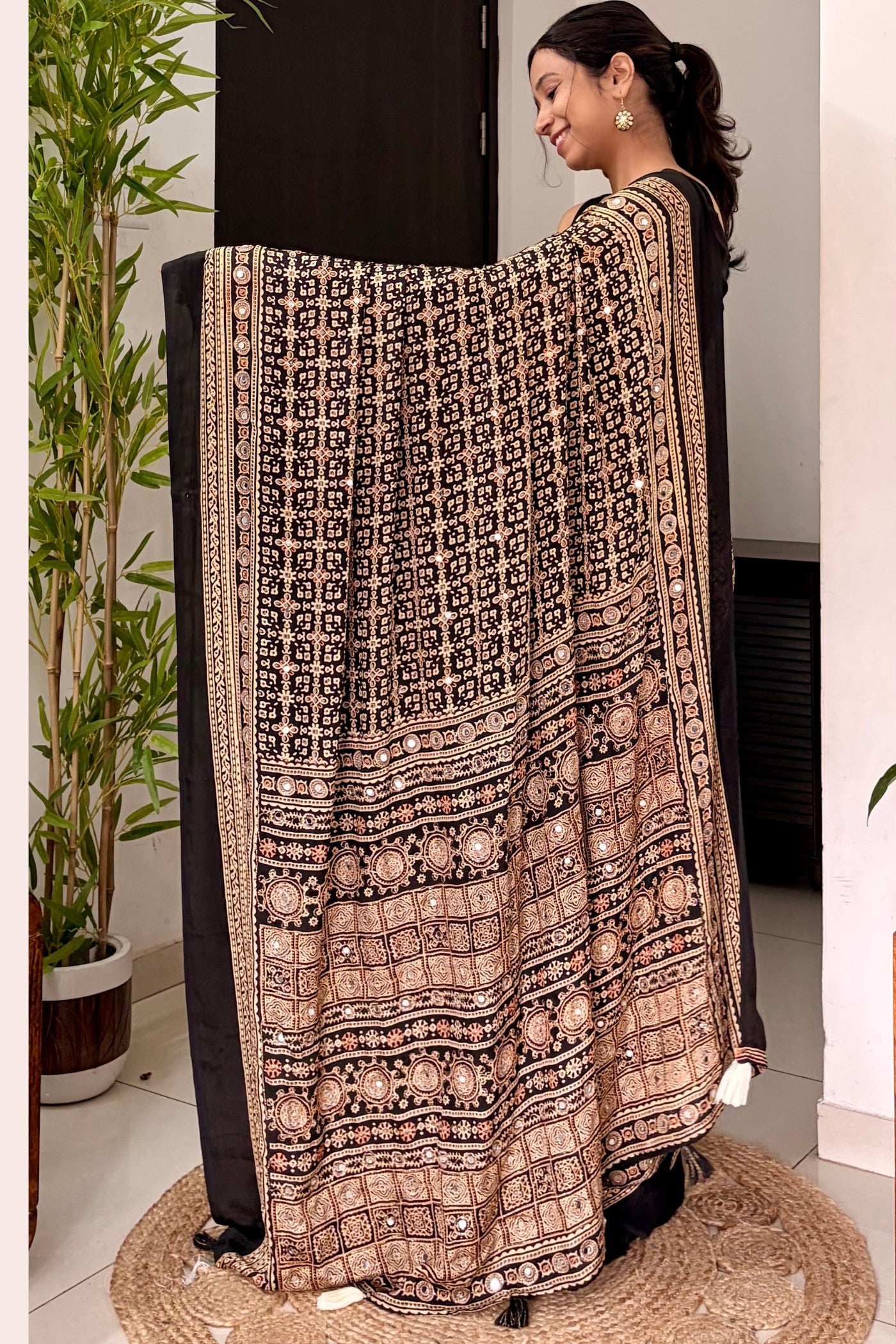 Buy MySilkLove Metal Black Modal Ajrakh Satin Printed Mirror Work Saree Online
