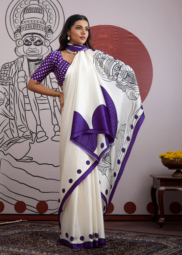 Buy MySilkLove Grape Purple and White Printed Satin Crepe Silk Saree Online