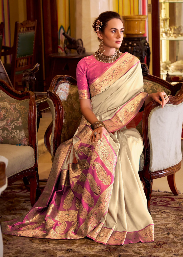 Buy MySilkLove Vanilla Cream Woven Banarasi Soft Silk Saree Online