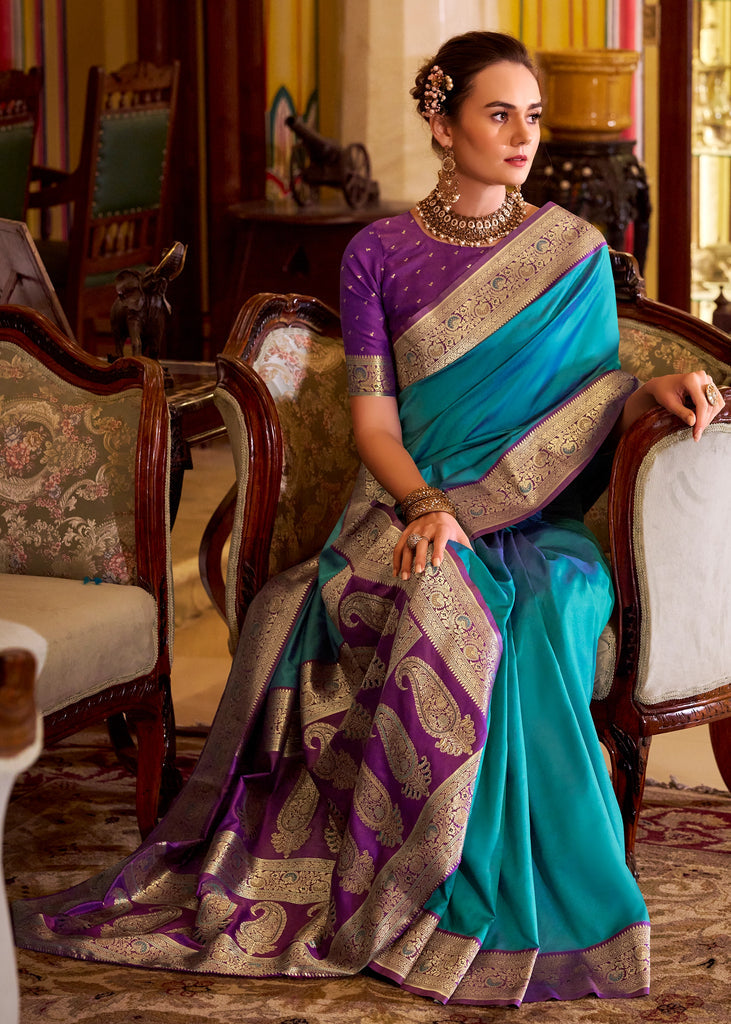 Buy MySilkLove Cyan Blue Woven Banarasi Soft Silk Saree Online