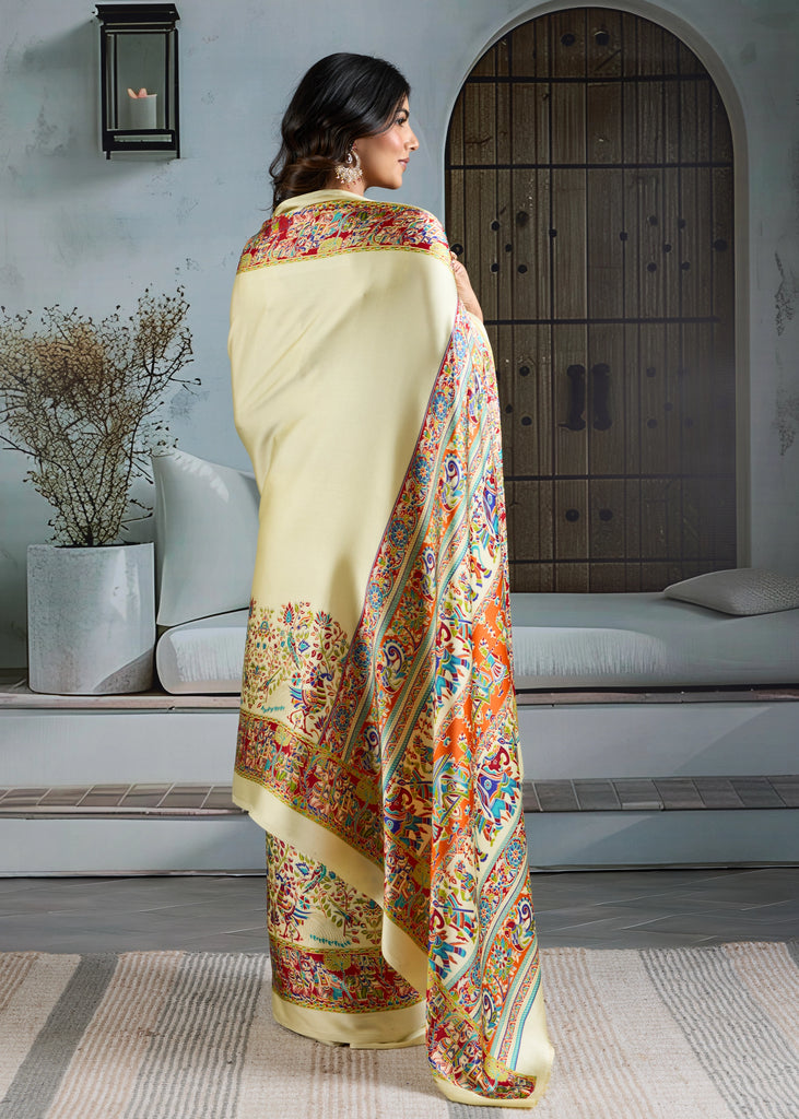 Buy MySilkLove Nacreous Cream Printed Satin Crepe Silk Saree Online
