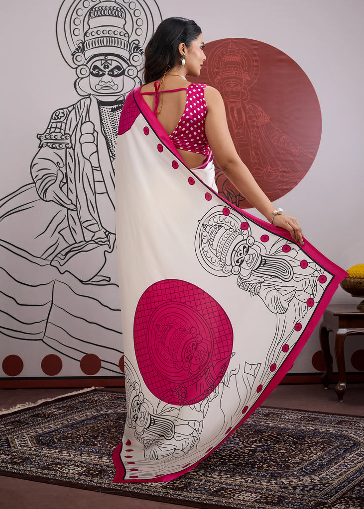 Buy MySilkLove Ultra Pink and White Printed Satin Crepe Silk Saree Online