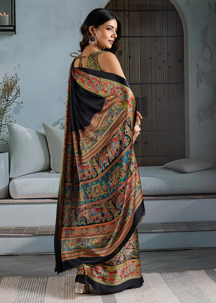 Buy MySilkLove Black Cat Printed Satin Crepe Silk Saree Online