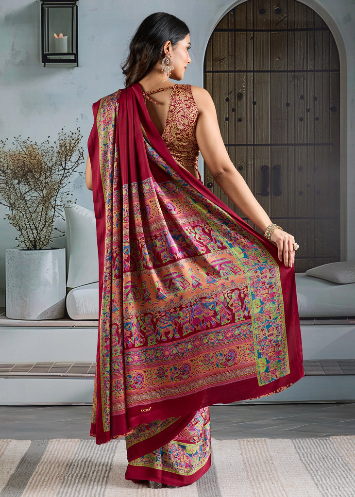 Buy MySilkLove Claret Red Printed Satin Crepe Silk Saree Online