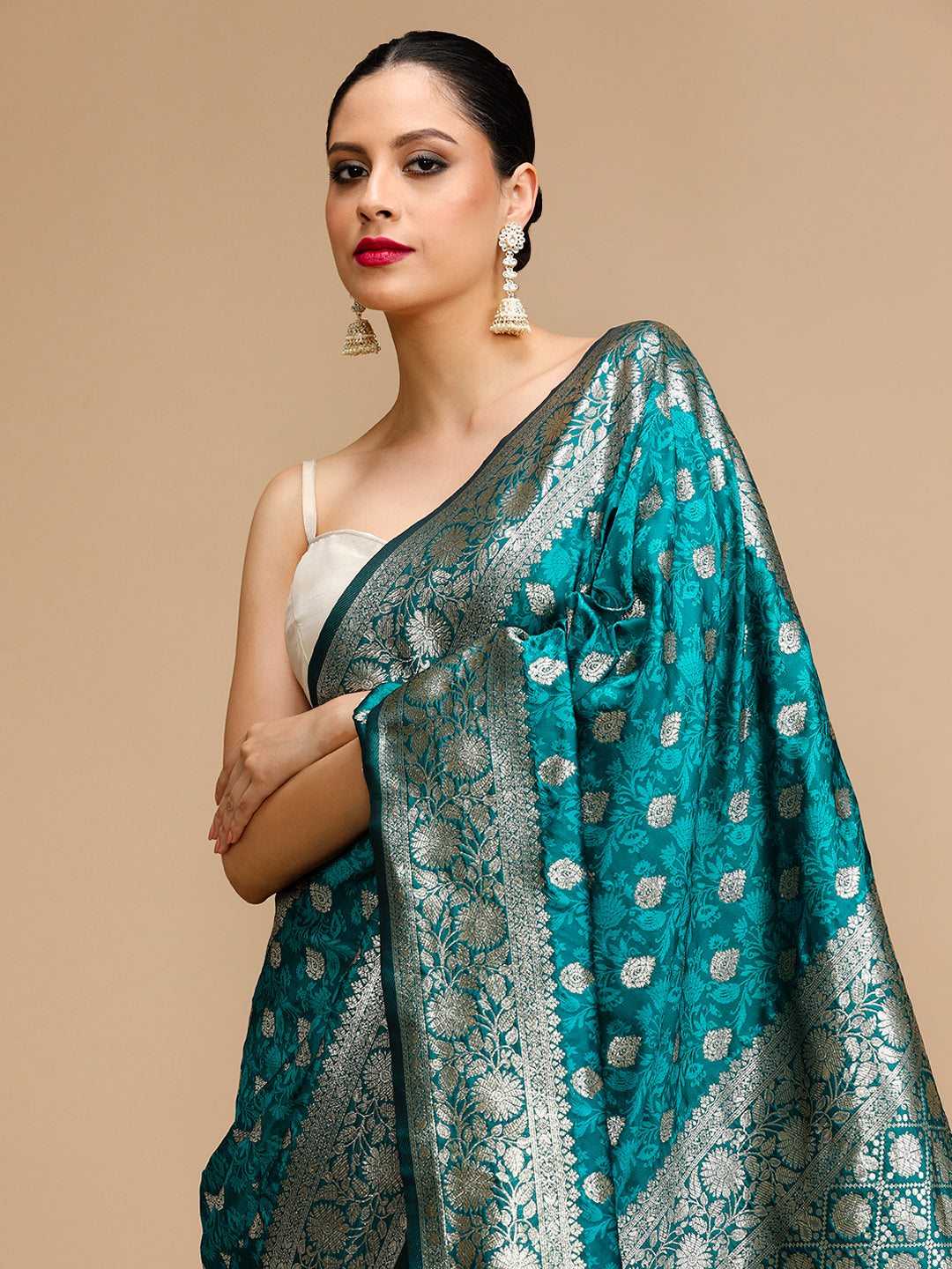 Buy MySilkLove Viridian Green Woven Jacquard Lichi Silk Saree Online