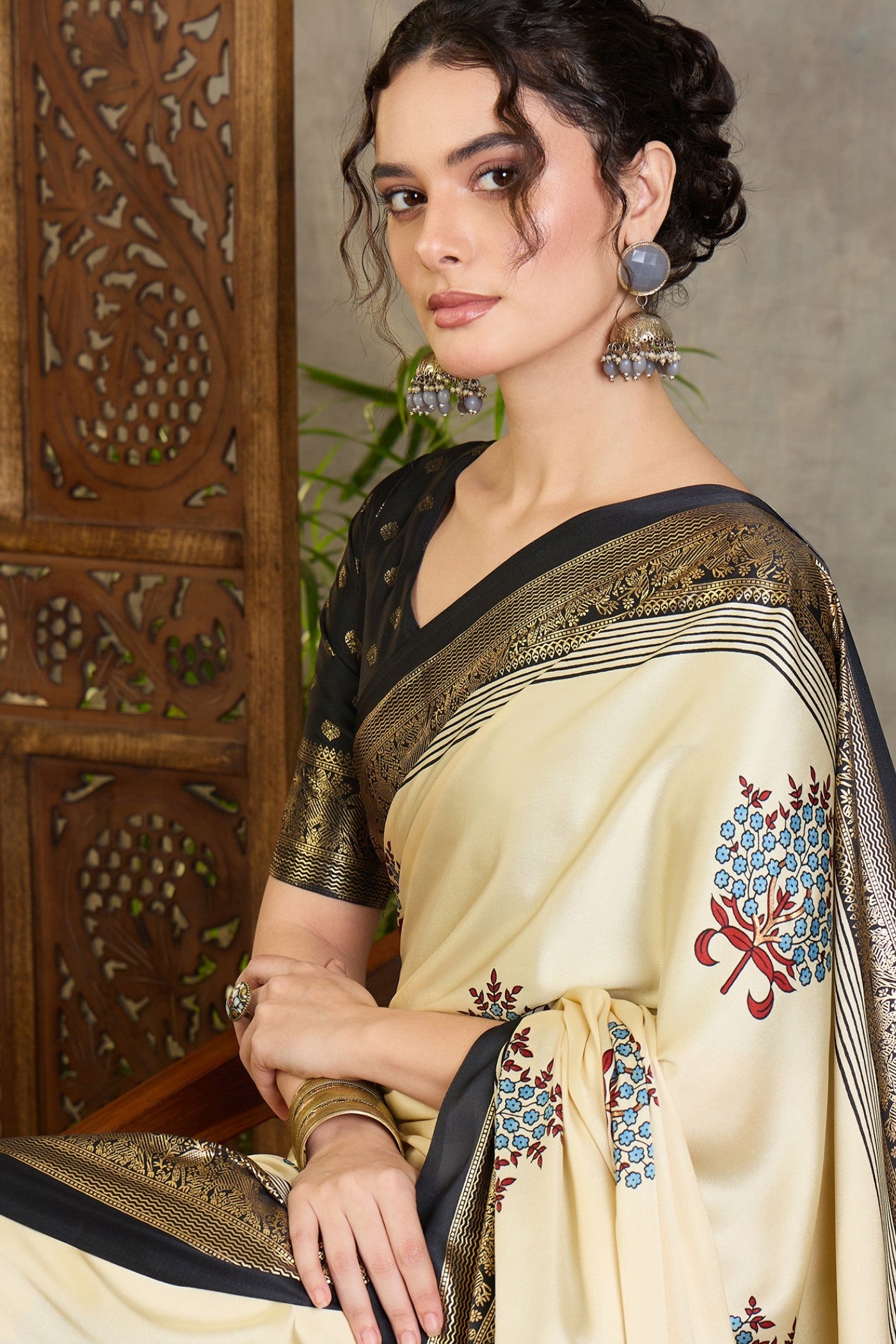 Buy MySilkLove Wheat Cream and Black Printed Satin Crepe Silk Saree Online