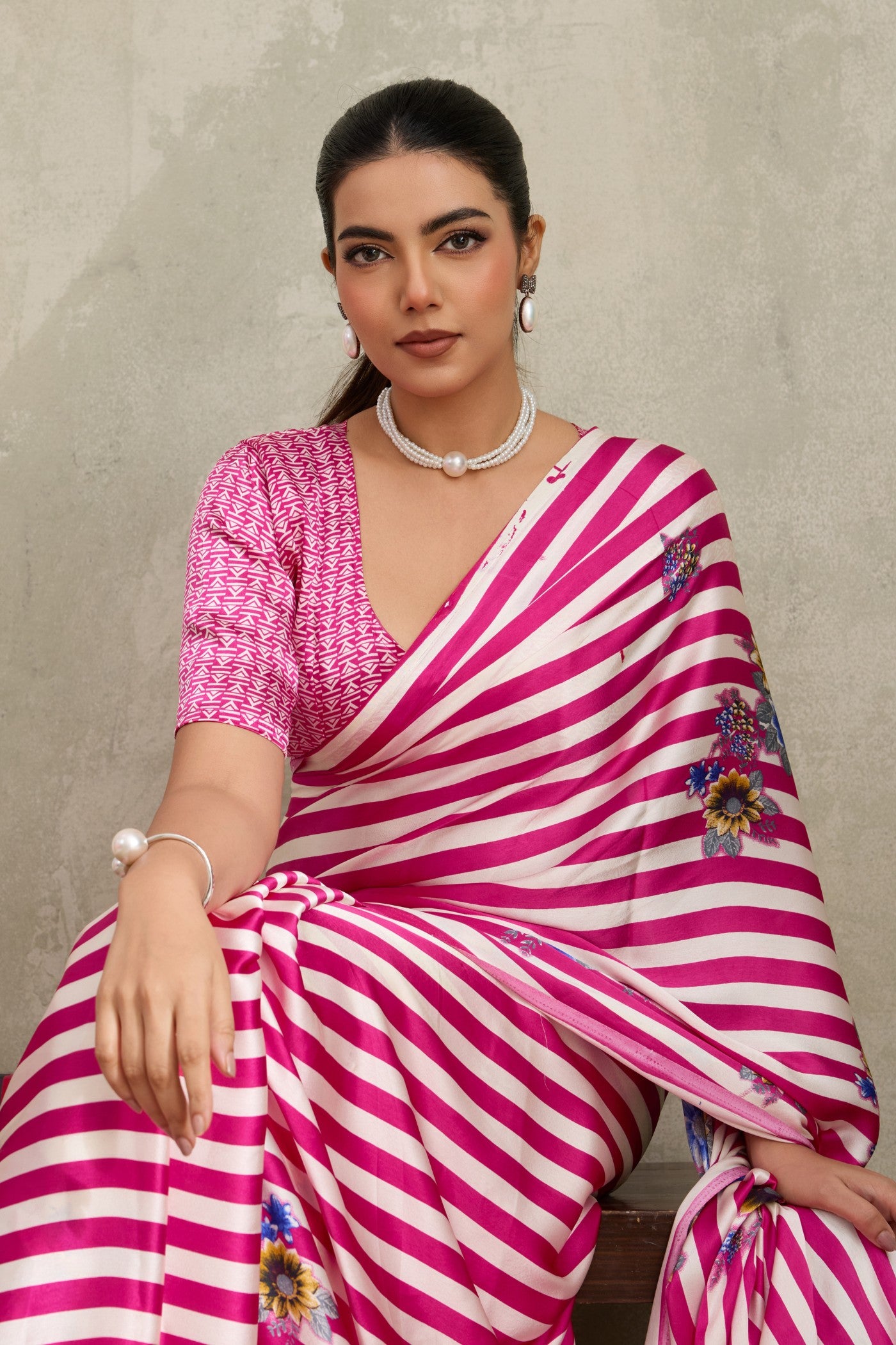 Buy MySilkLove Neon Pink Ajrakh Printed Satin Crepe Silk Saree Online