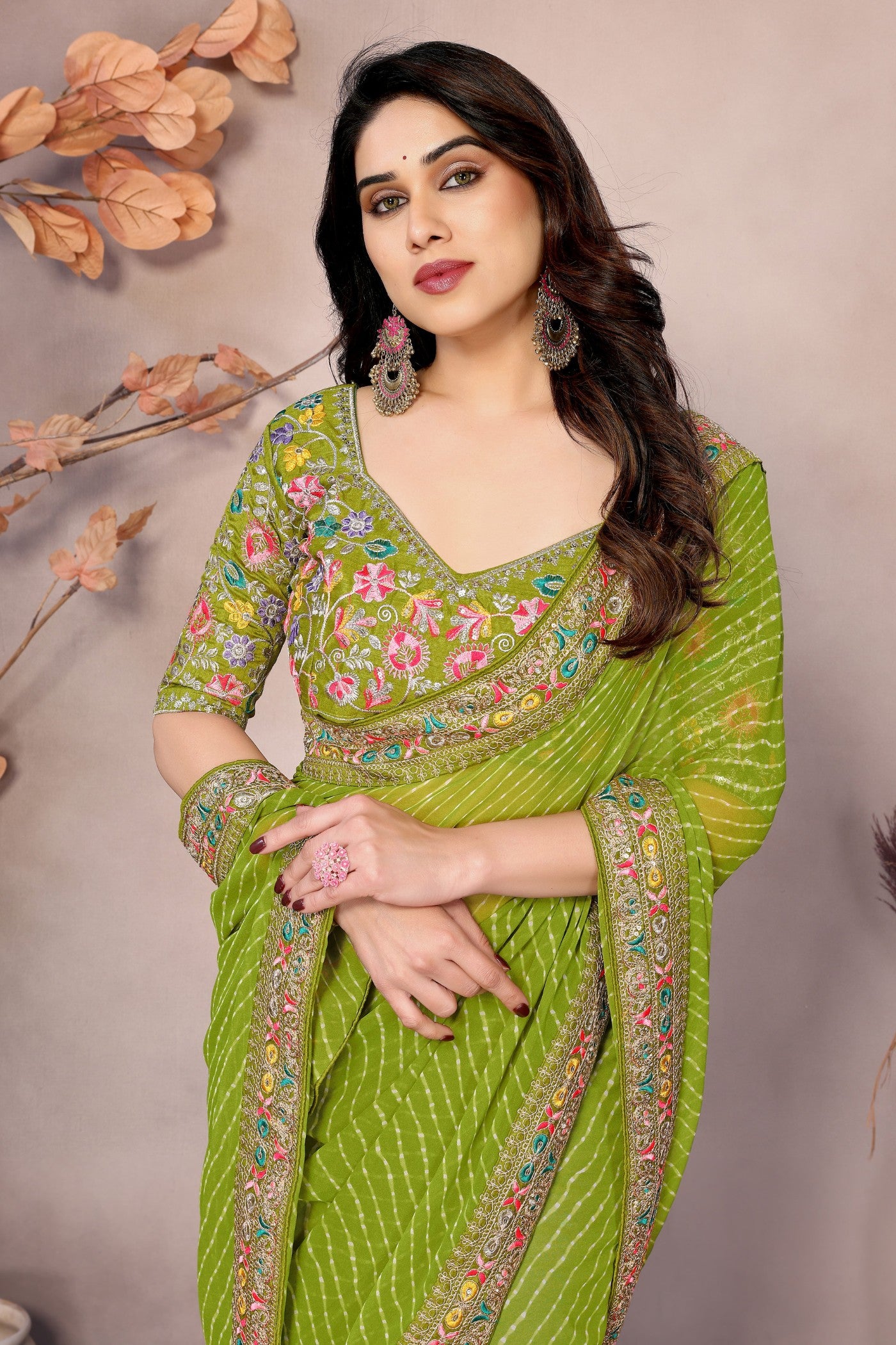 Buy MySilkLove Olive Green Georgette Designer Partywear Saree Online