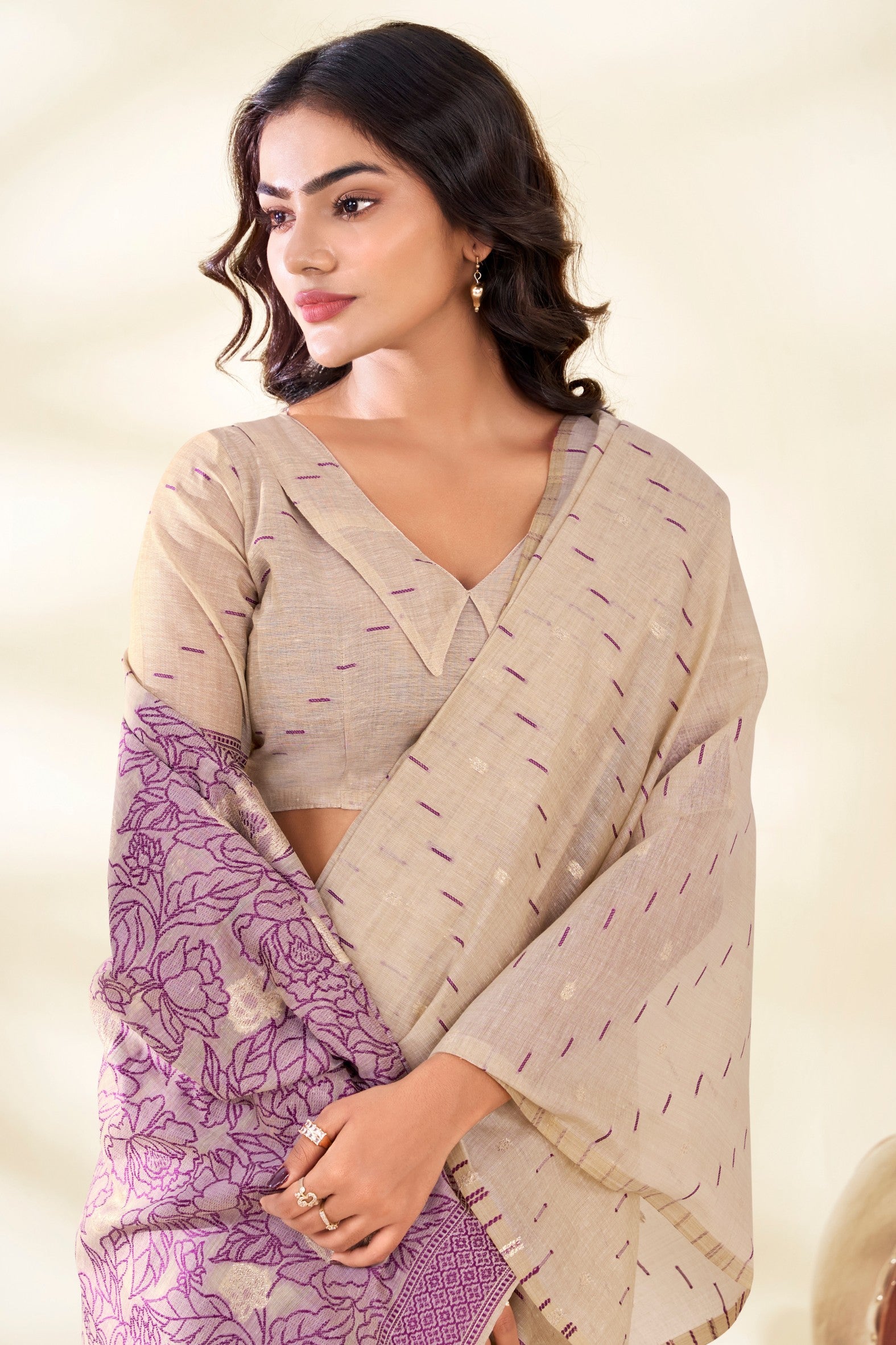 MySilkLove Classic Cream and Purple Woven Modal Cotton Saree