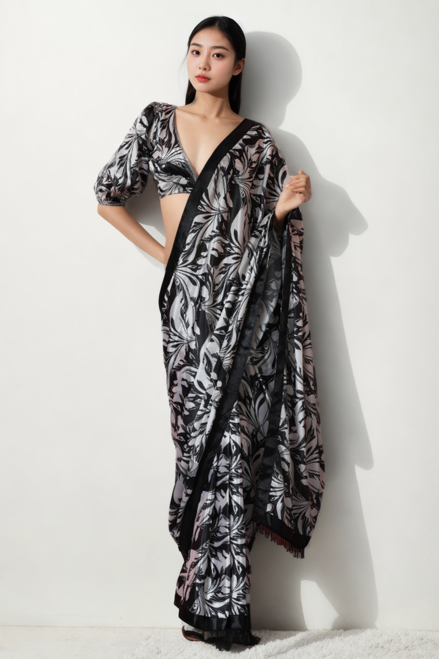 Buy MySilkLove Coral Black Chinon Digital Printed Ready To Wear Saree Online