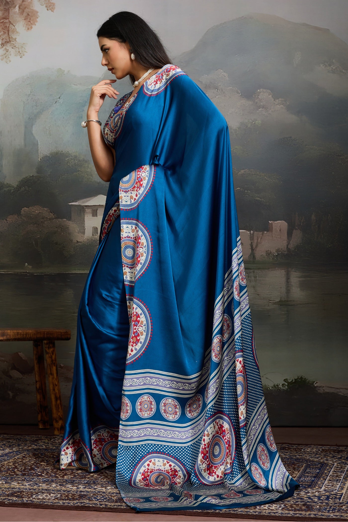 Buy MySilkLove French Blue Modal Ajrakh Printed Silk Saree Online