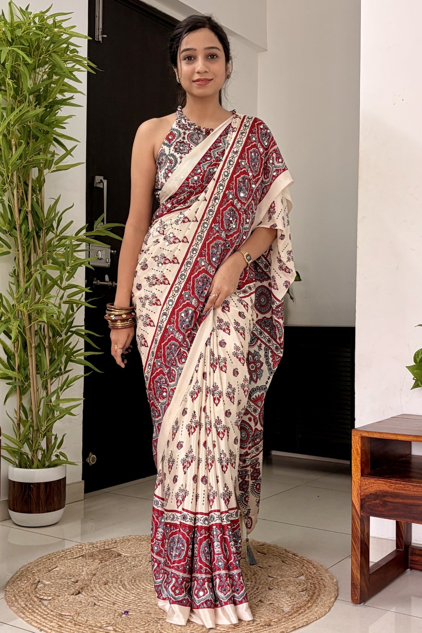 MySilkLove Neutral Beige Modal Ajrakh Satin Printed Mirror Work Saree