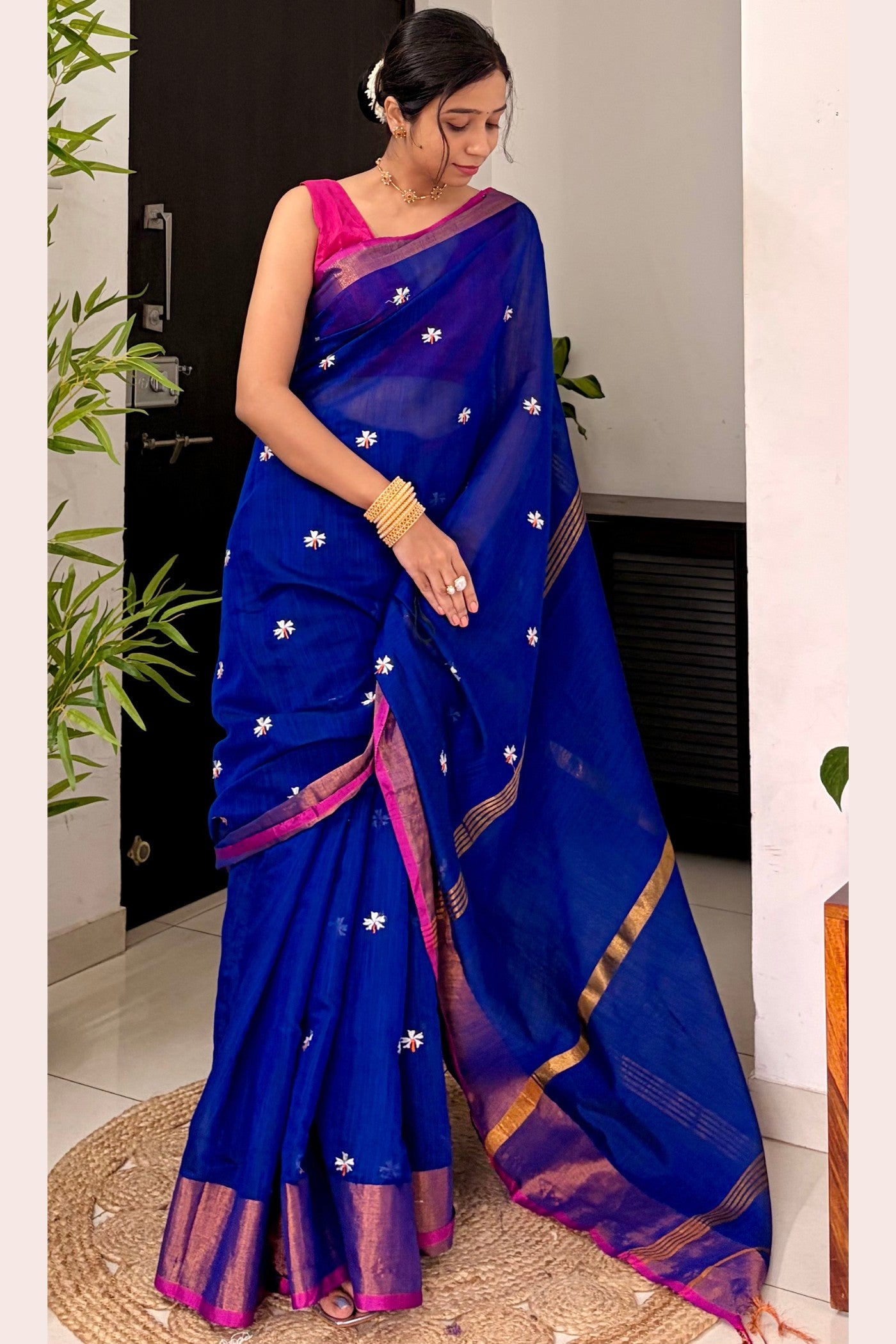Buy MySilkLove Havelock Blue Handloom Cotton Prajakta Flower Butti Saree Online