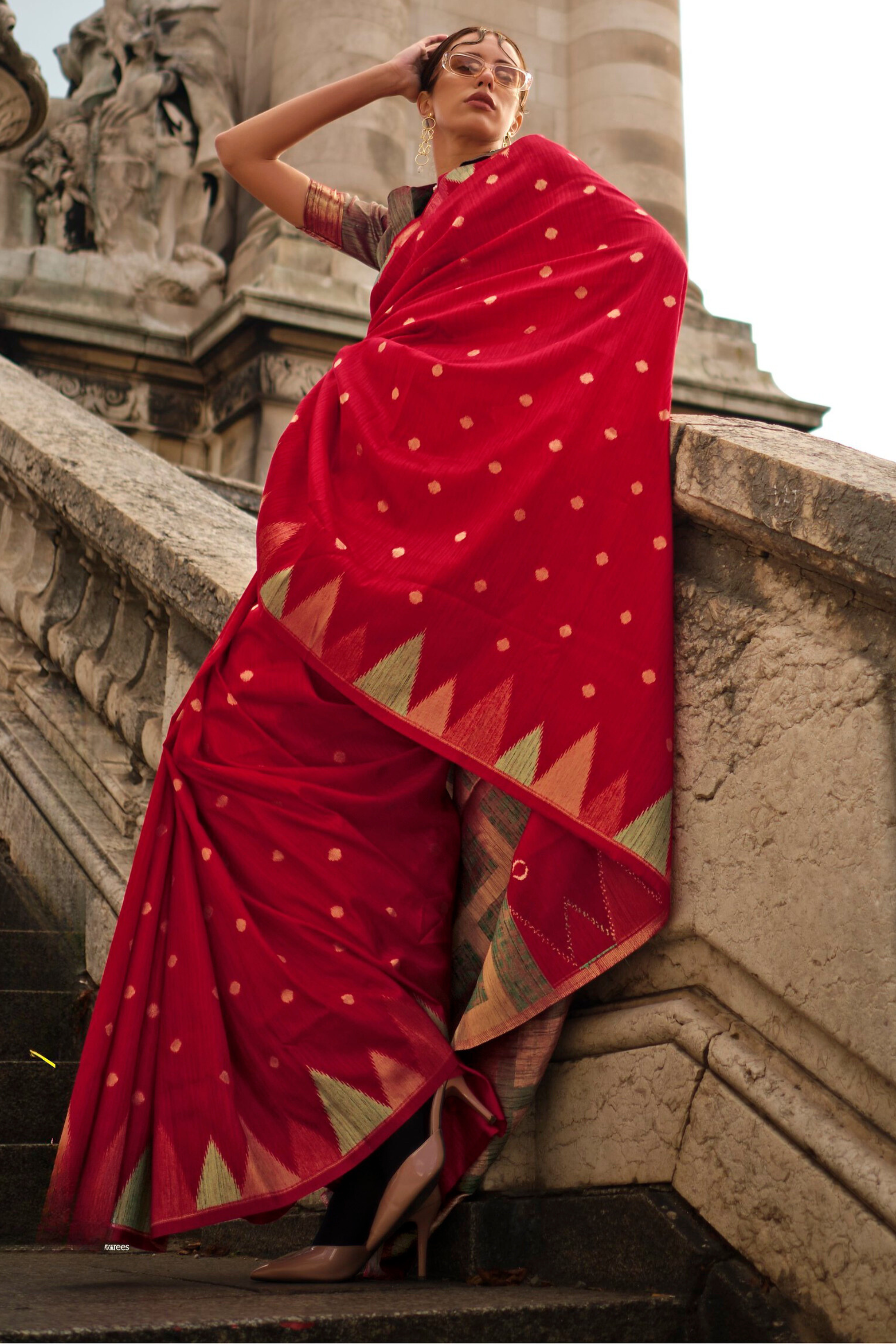 Buy MySilkLove Red South Tussar Temple Border Silk Saree Online