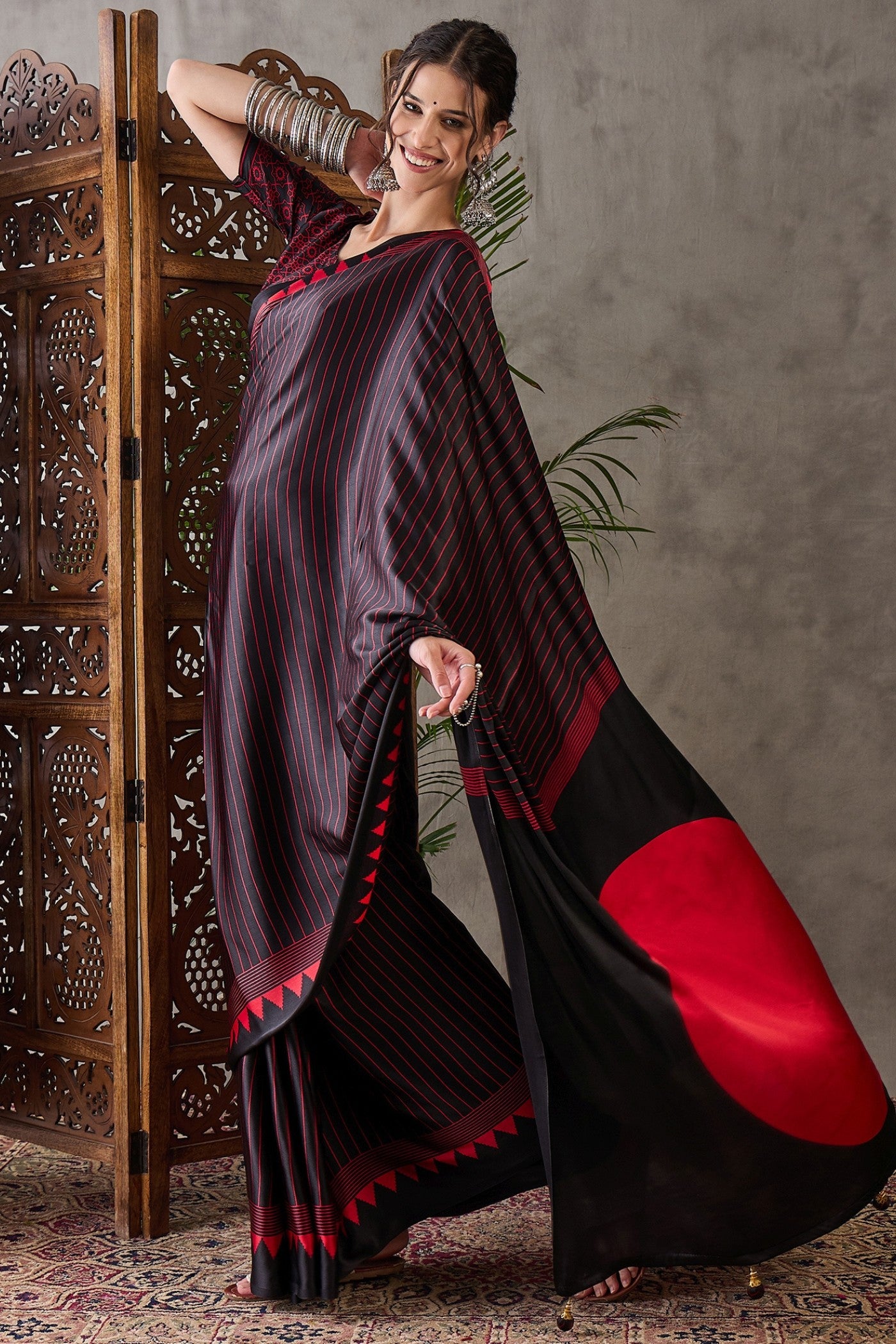 Buy MySilkLove Retro Black and Red Printed Satin Gaji Silk Saree Online