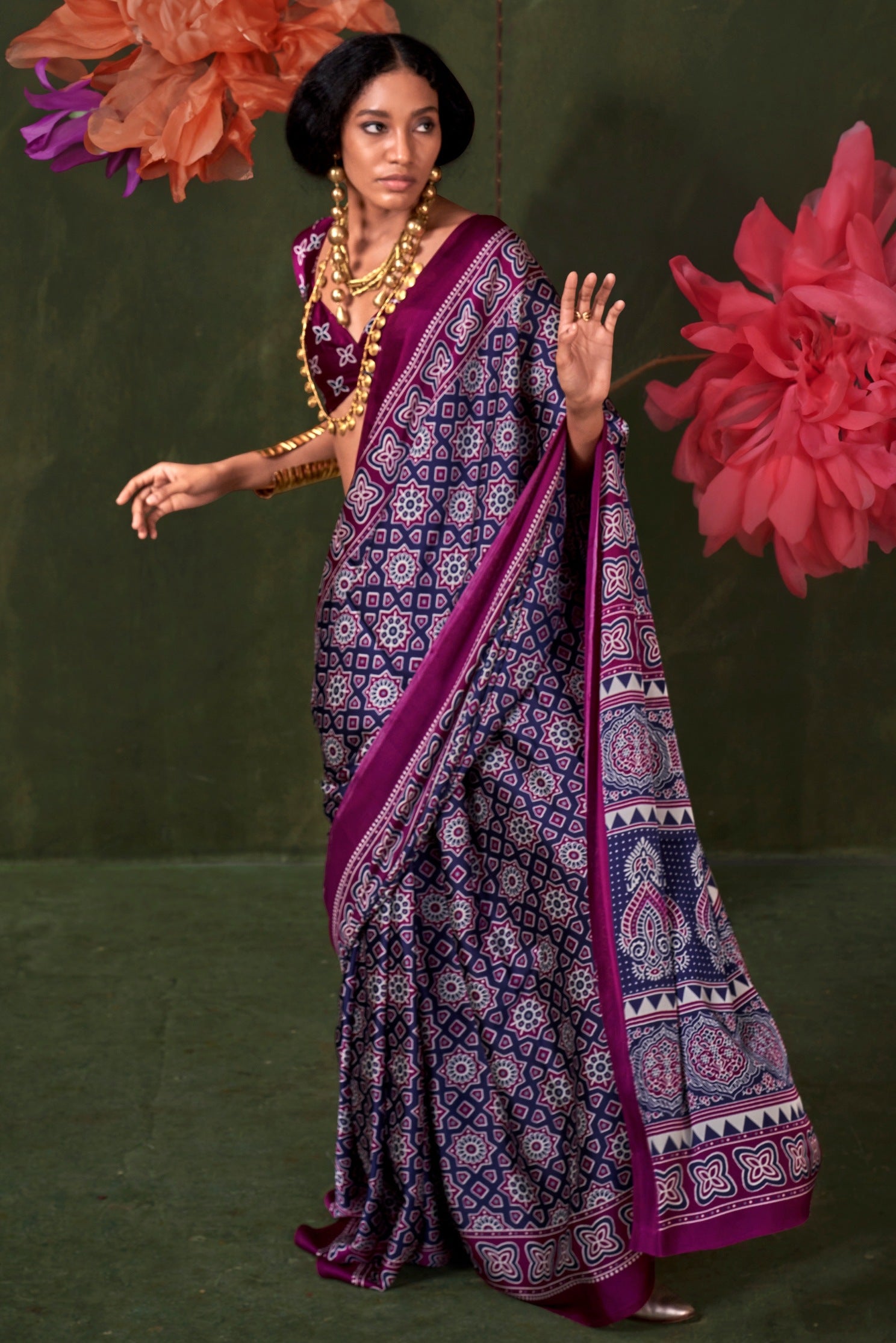 Buy MySilkLove Heather Purple Ajrakh Printed Satin Crepe Silk Saree Online