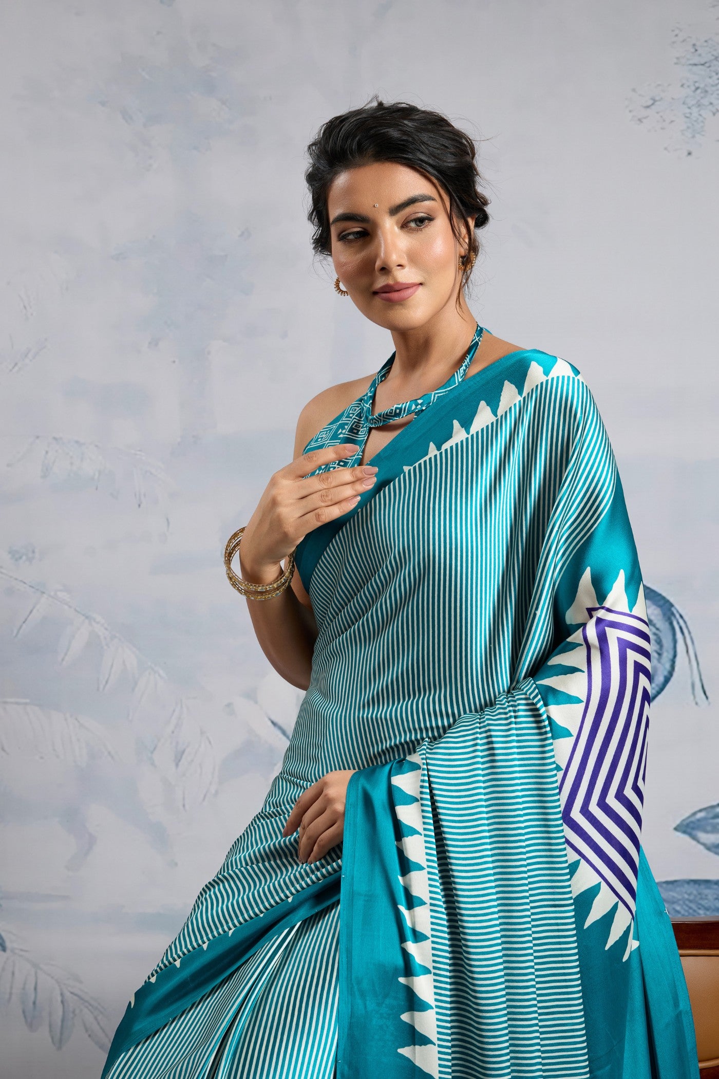 MySilkLove Isla Blue Stripe Ajrakh Printed Satin Crepe Silk Saree