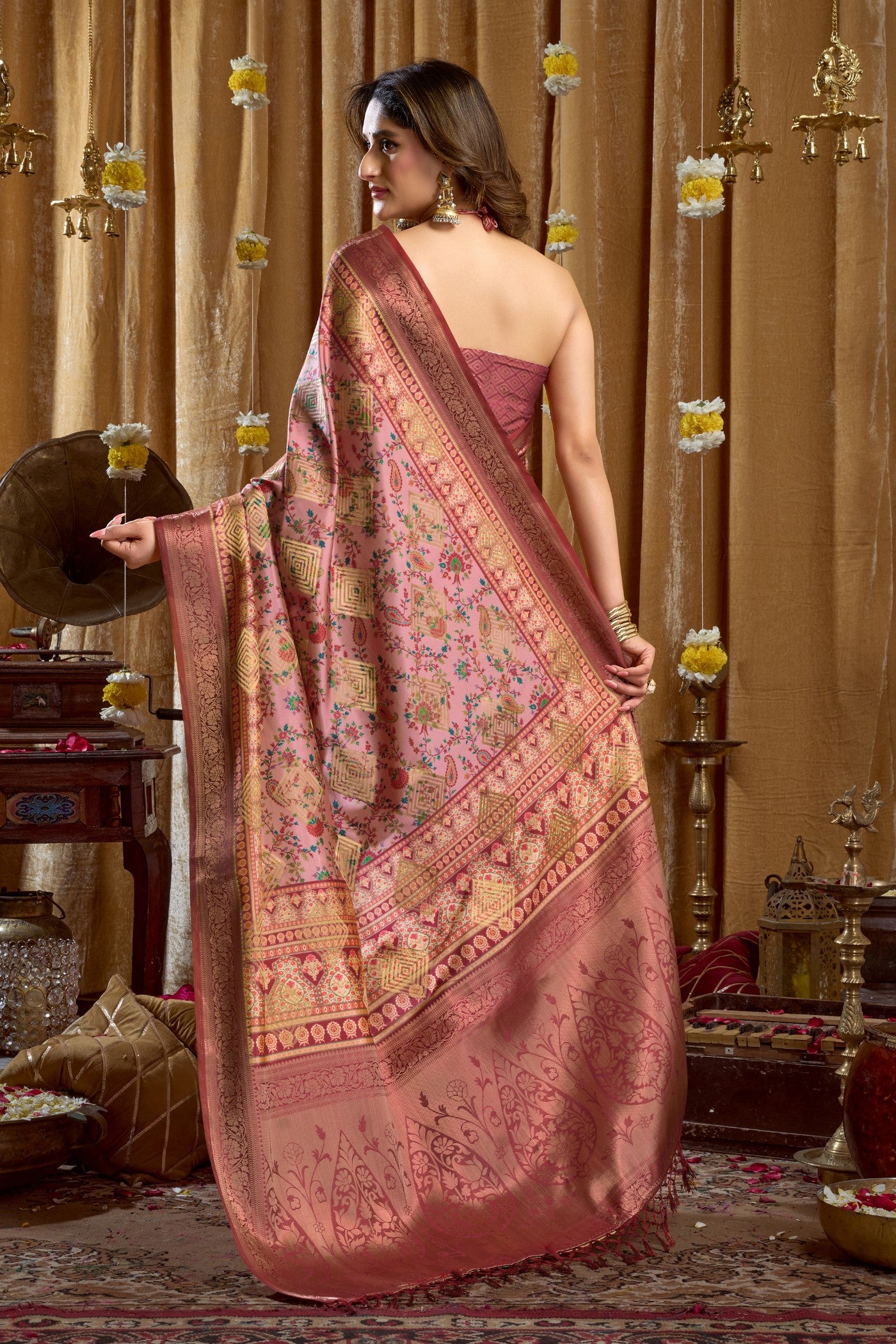 Buy MySilkLove Rose Pink Digital Printed Banarasi Saree Online