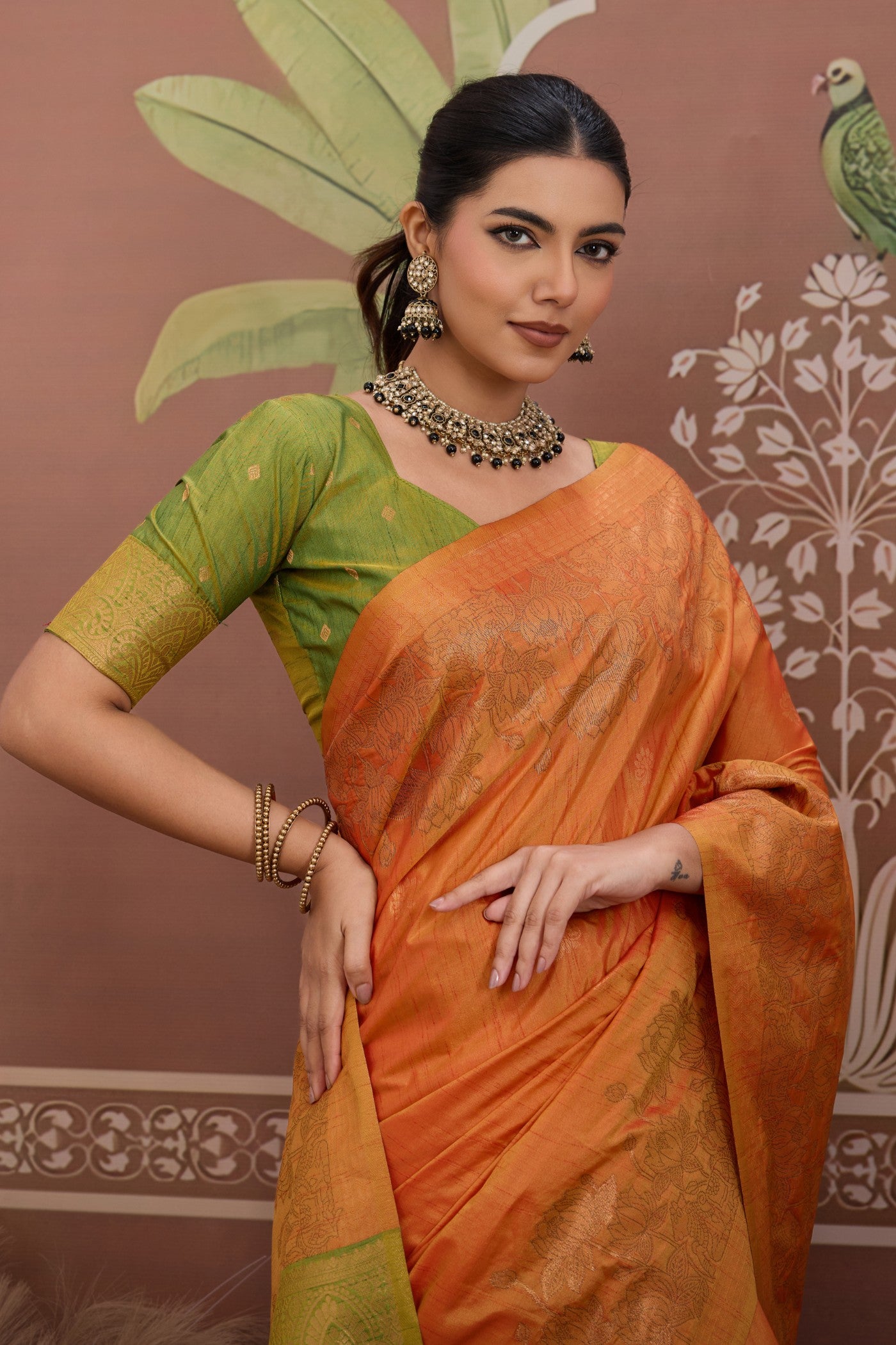 Buy MySilkLove Metallic Orange Banarasi Handloom Tussar Saree Online