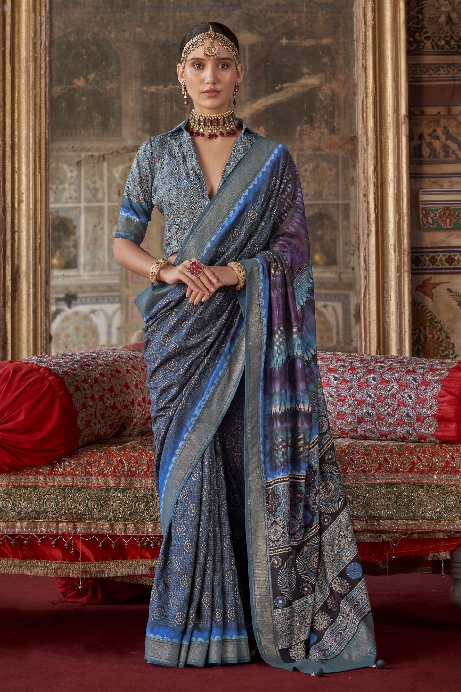 Buy MySilkLove Ocean Blue Printed Banarasi Saree Online