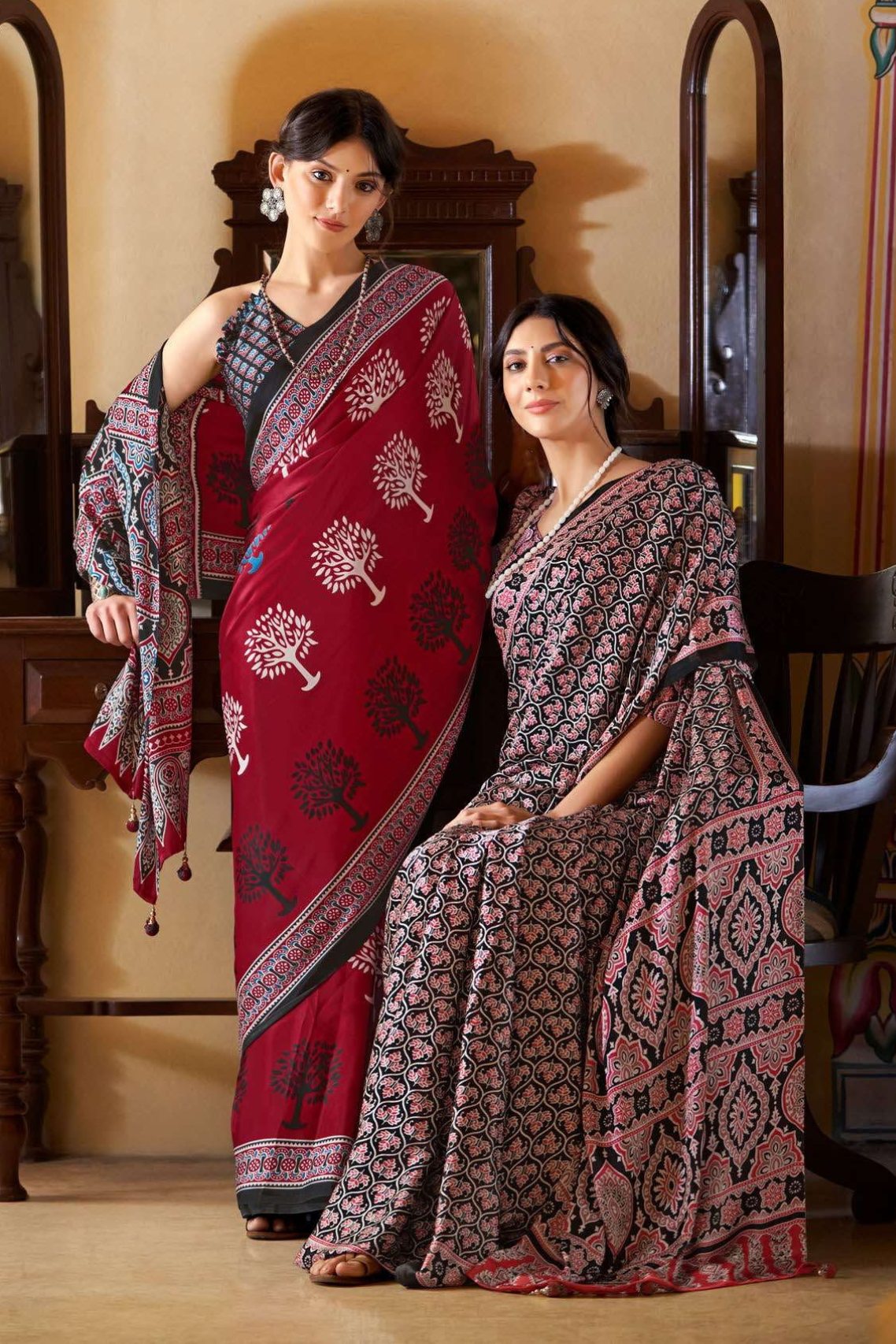 Buy MySilkLove Solid Maroon Ajrakh Printed Satin Crepe Saree Online